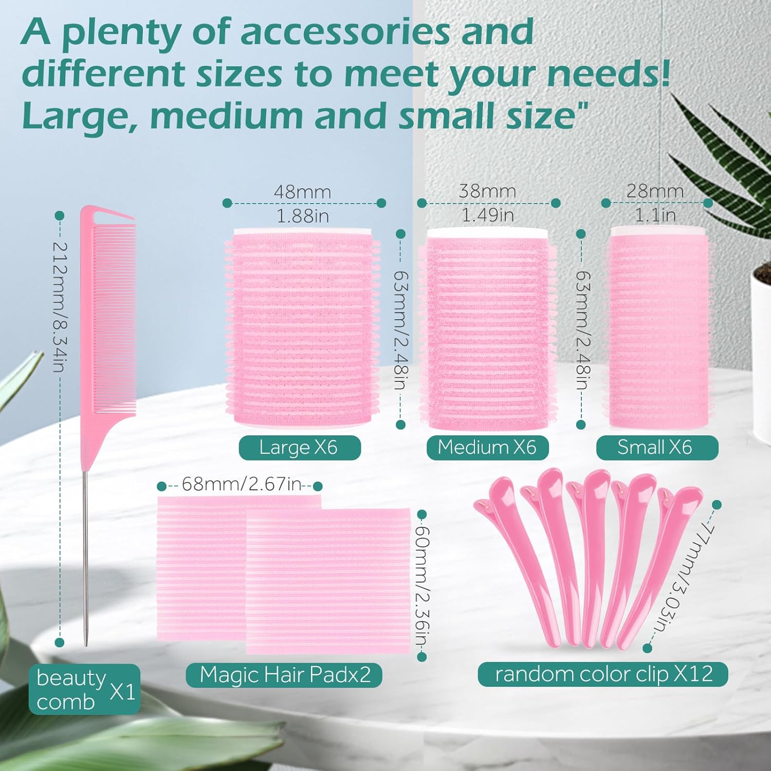 GeeRic - bigoudis auto-agrippants - lot de 33 - sans chaleur, pinces, peigne, rose