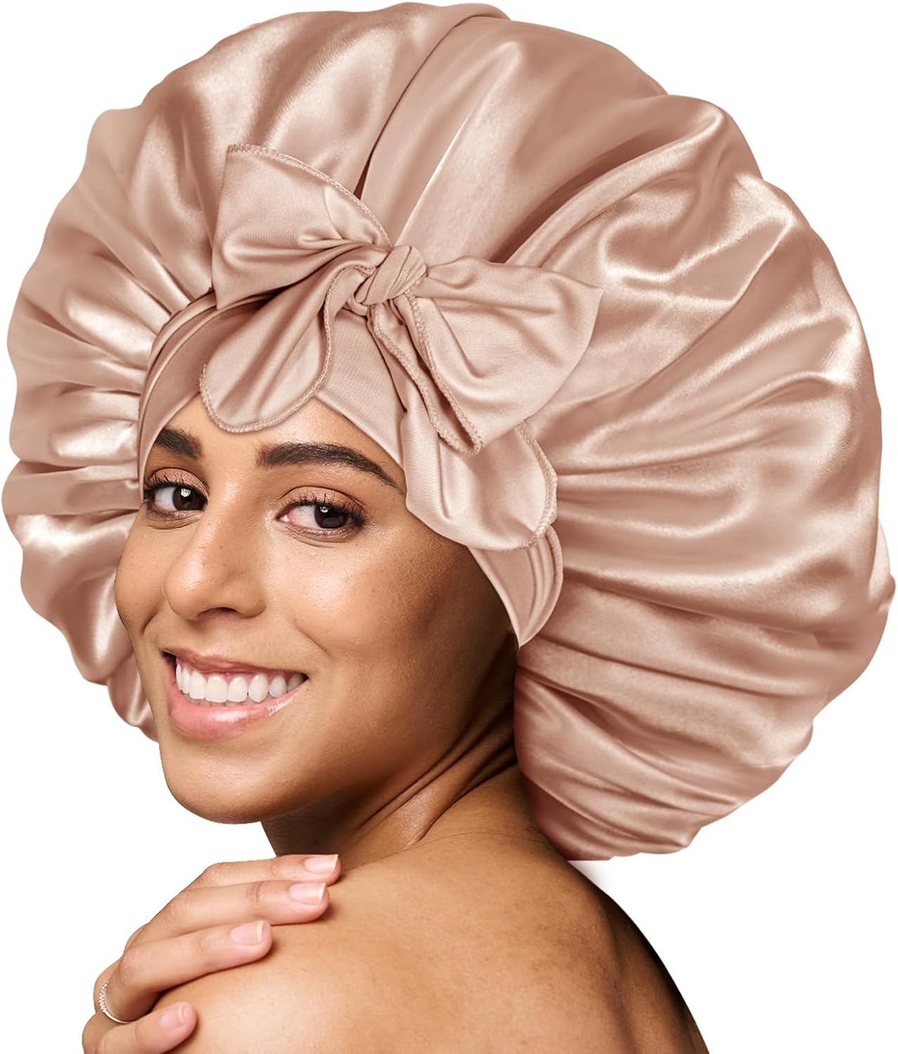 BONNET QUEEN - bonnet satin ajustable - grand - élastique long, champagne, pour cheveux bouclés