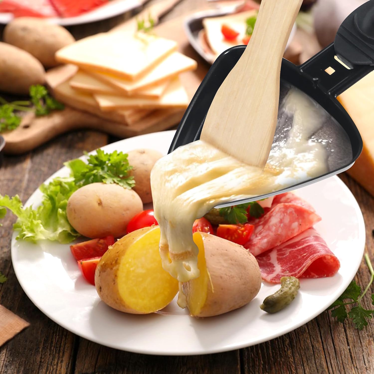 Poêlon raclette - mini 4pcs - fonte, antiadhésif, spatules bois, noir HengBO