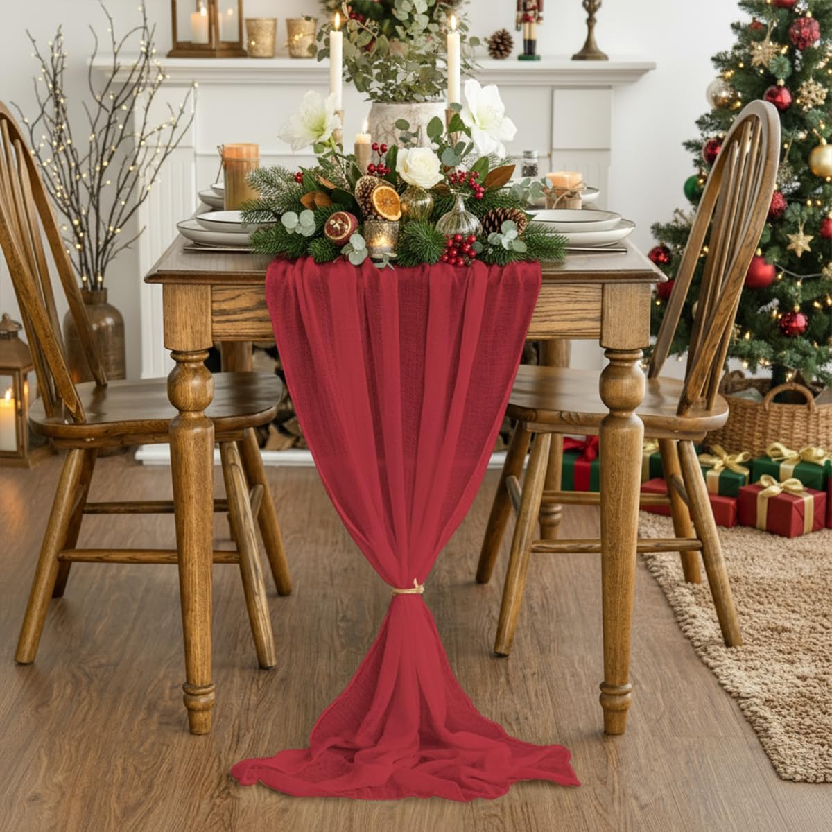 Artoid Mode - chemins de table bohême - 300 cm - mousseline rouge, lot de 6