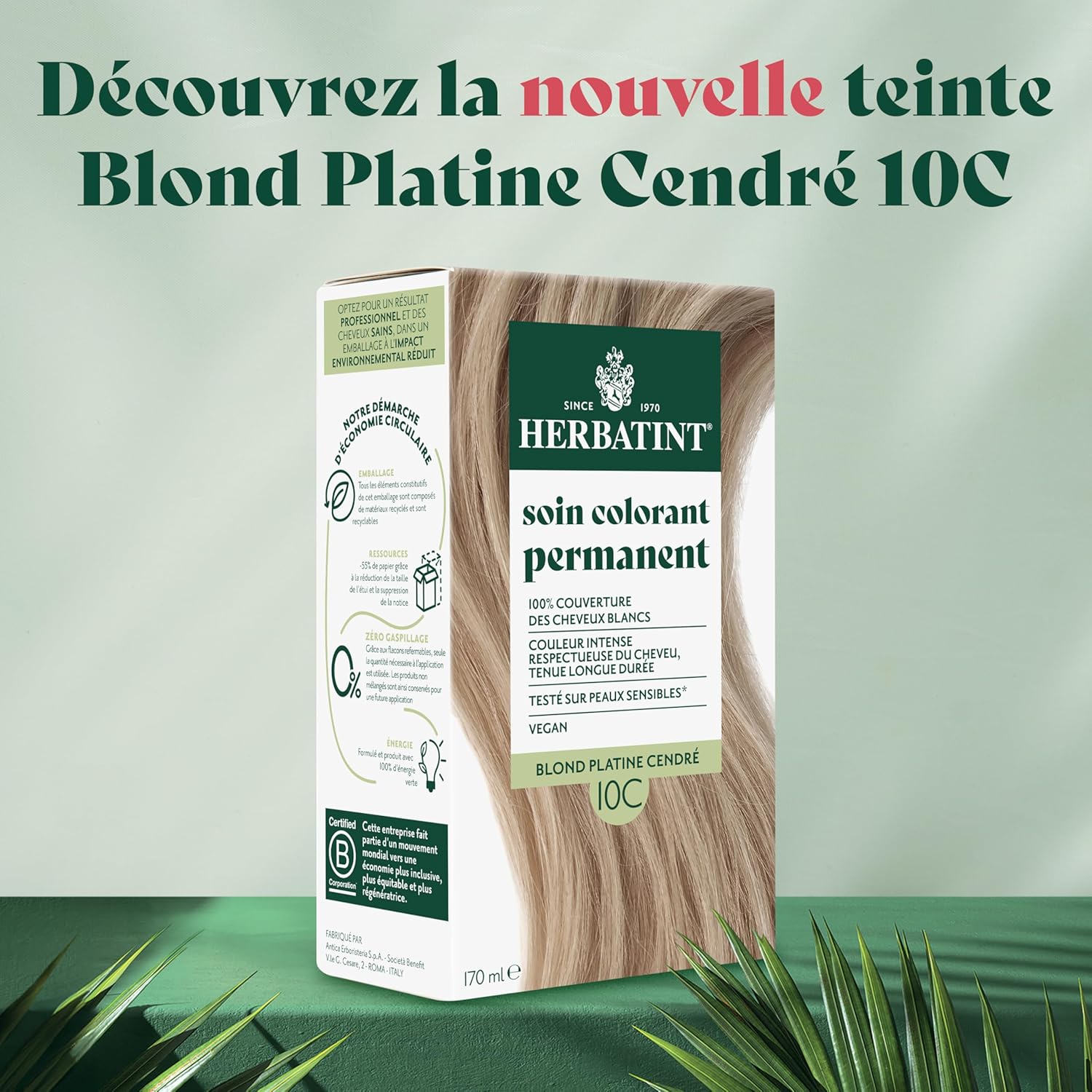 Herbatint - Coloration 10C - 170ml - sans ammoniaque, couverture cheveux blancs