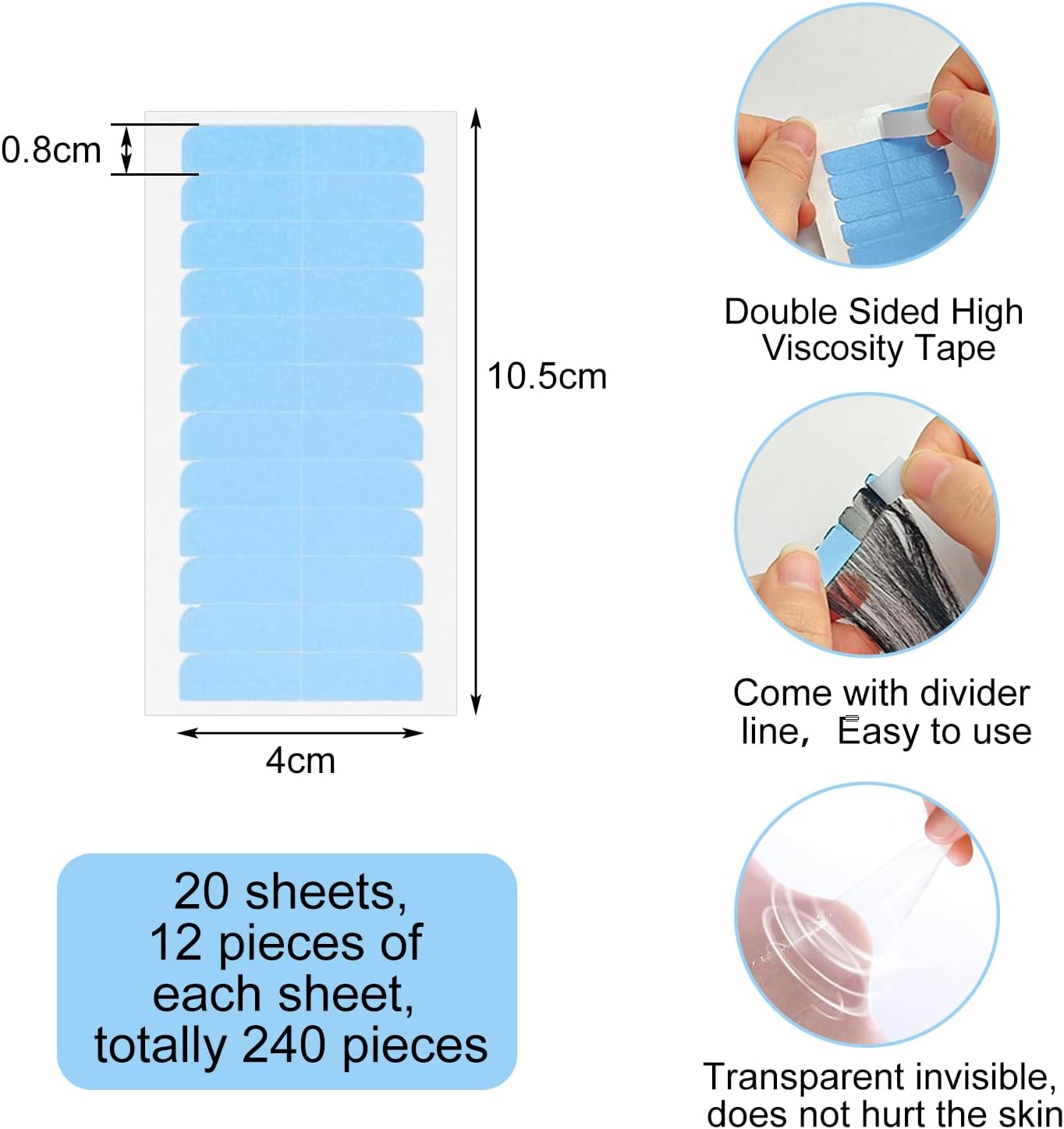 Bande adhésive extension cheveux - lot 240 - 4x0,8cm, double face, bleu