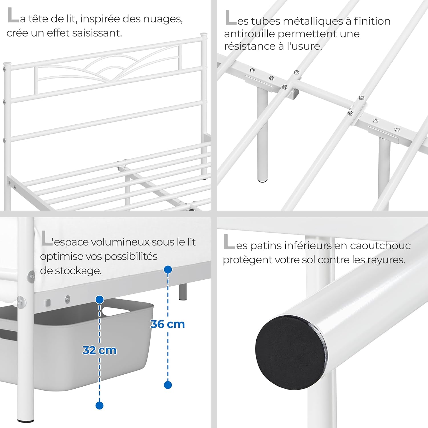 Yaheetech - lit simple métal - 140x200cm - cadre solide blanc