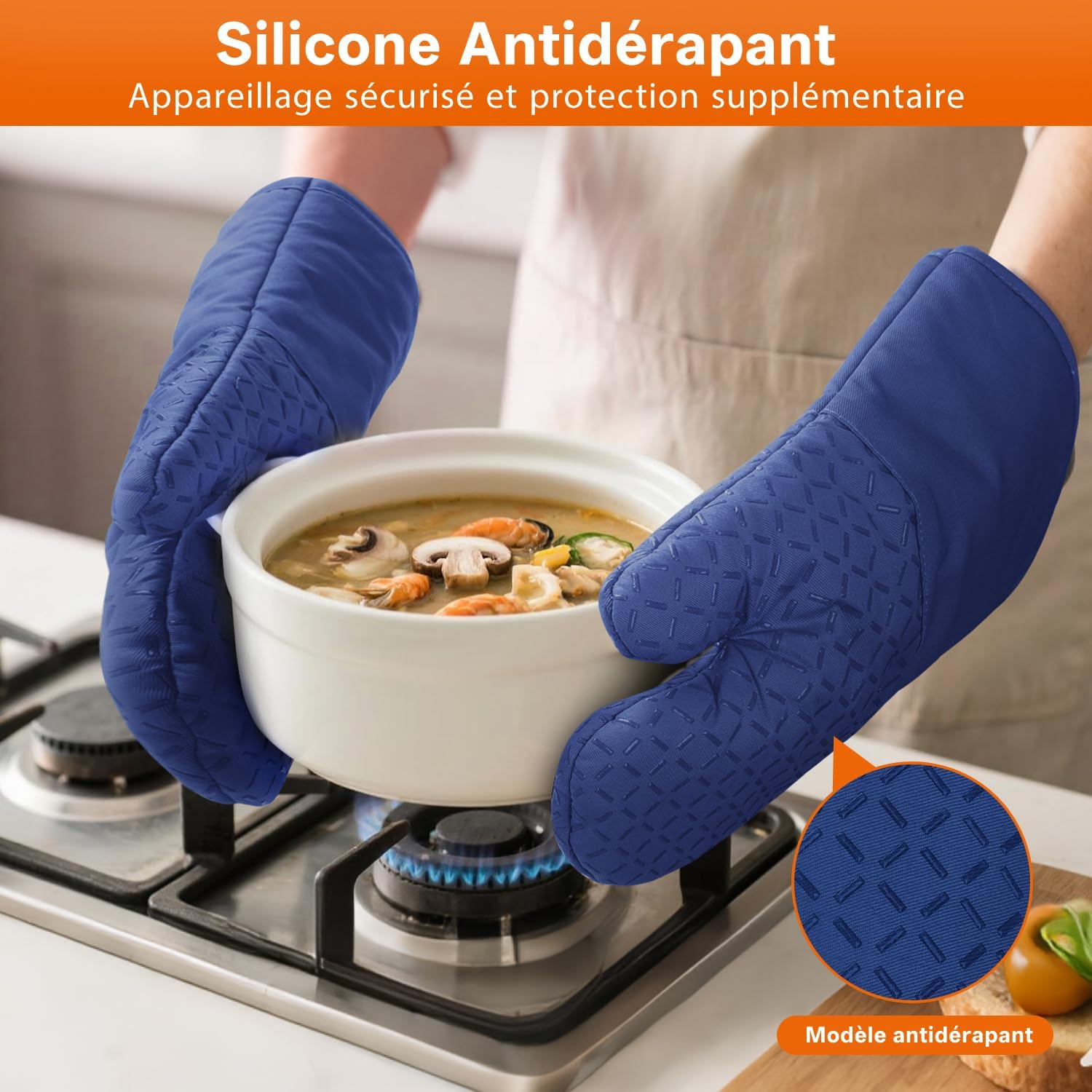 MILcea - Gants de cuisine anti-chaleur, 32cm, silicone/coton doux, lot de 4
