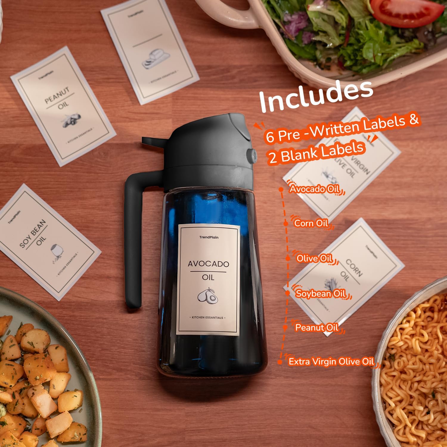 TrendPlain - Spray Huile Cuisine 470ml - 2-en-1, Lot de 2, Noir