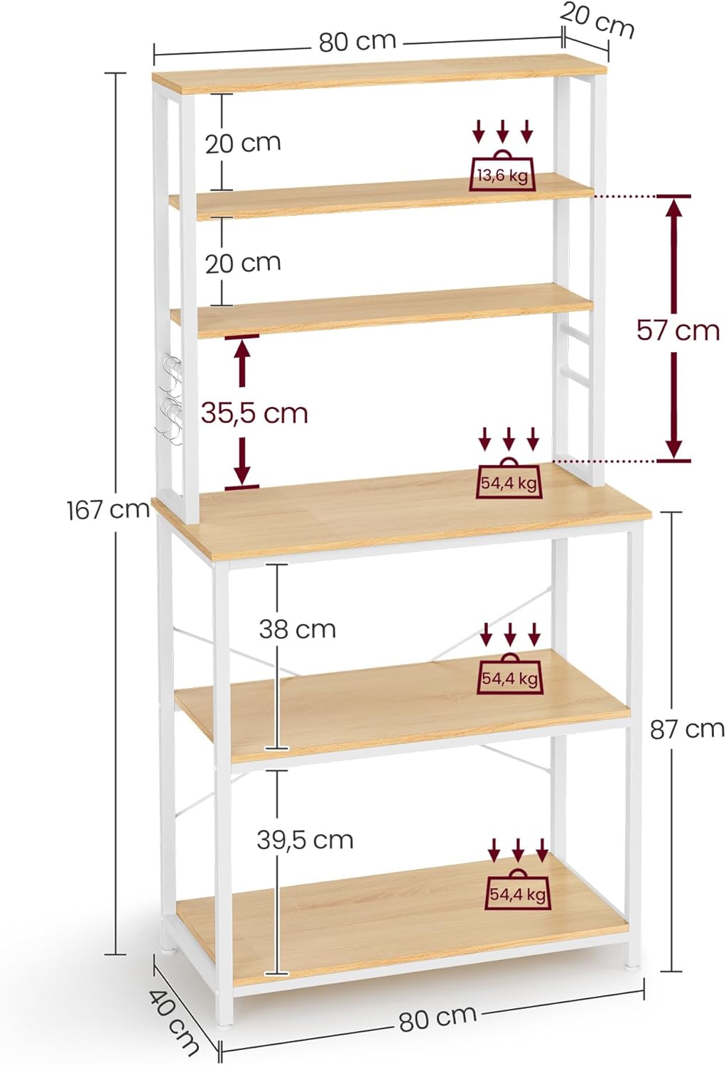 VASAGLE - étagère cuisine 40x80x167 cm, acier, 6 niveaux, KKS019W09