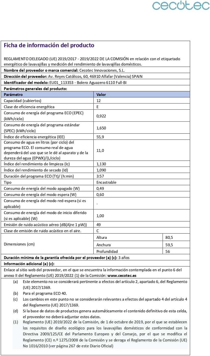 Cecotec - Bolero Aguazero série 60cm - 12 couverts, 7 programmes, 1850W, départ différé - 6110 Full-BI