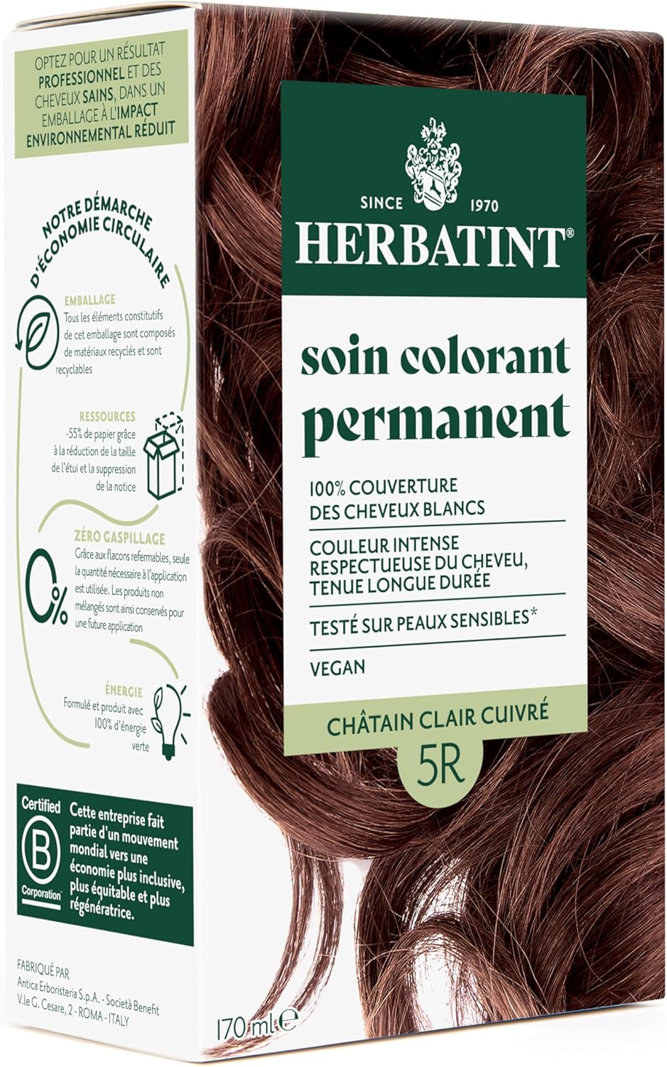 Herbatint - Soin Colorant Permanent - 170ml - Cheveux châtain clair cuivré, sans ammoniaque, 100% couvrant, testé peaux 