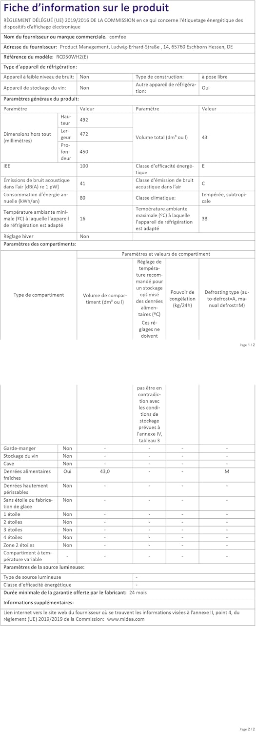 Comfee - mini réfrigérateur 43L - freezer, chambre/bureau, blanc - RCD50WH2(E)