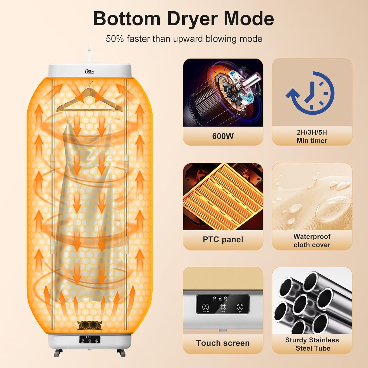 Uten - Sèche-linge portable amovible - 600W - minuterie, usage suspendu ou posé