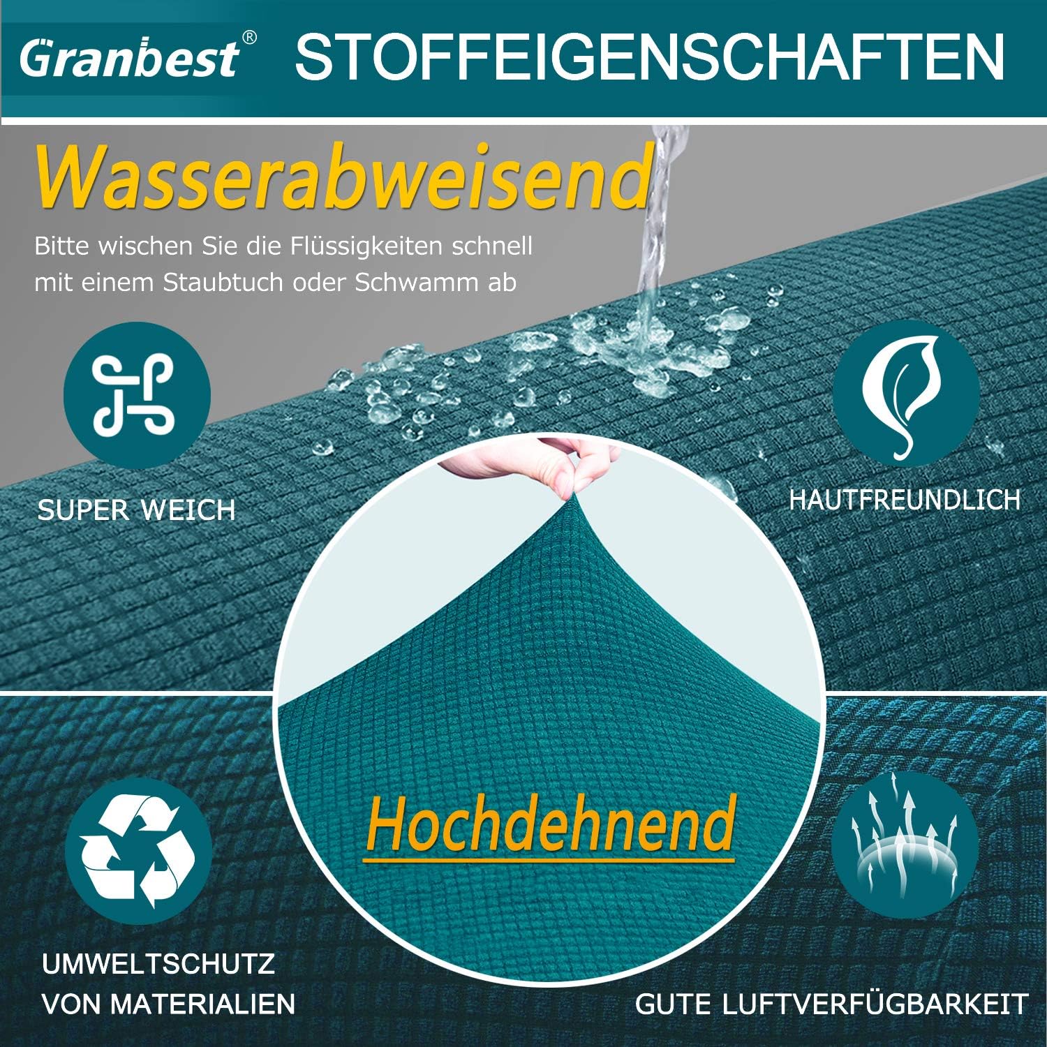 Granbest - housse de canapé stretch imperméable 3 places - bleu sarcelle, mousse antidérapante