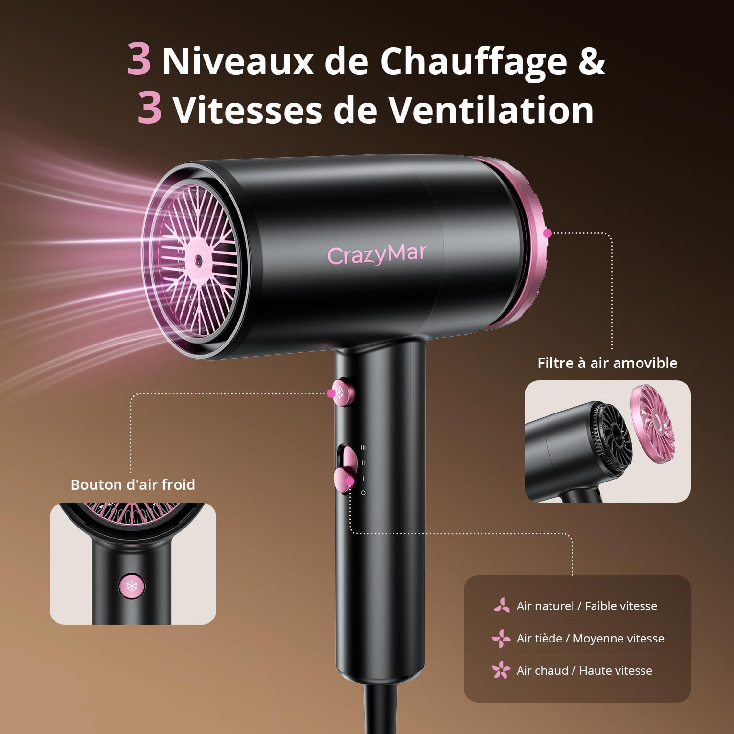 Sèche-cheveux professionnel - compact, léger, 3 vitesses, 350M ions