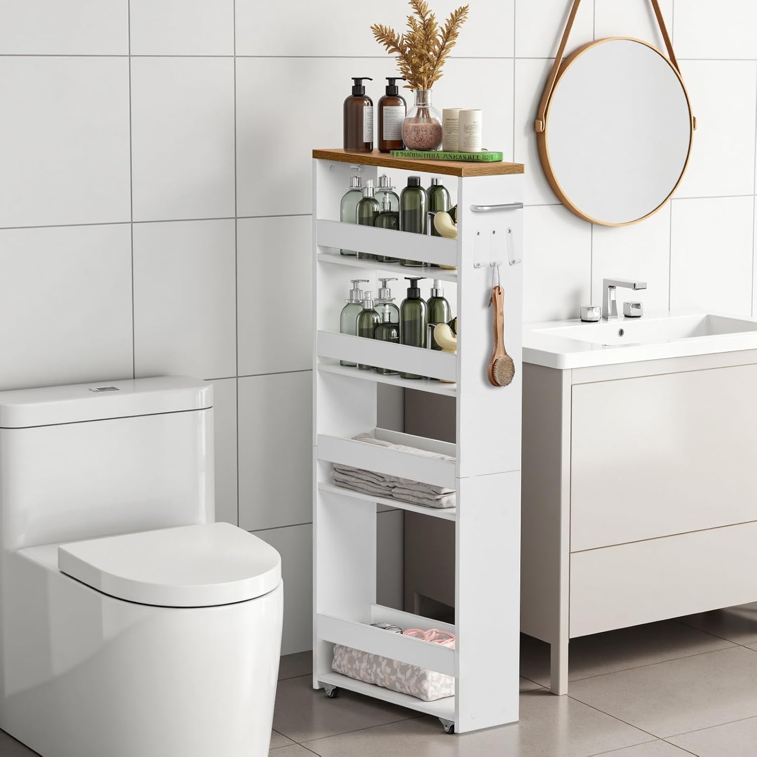 Chariot de rangement - 5 niveaux, 15cm, roulettes, étroit, cuisine