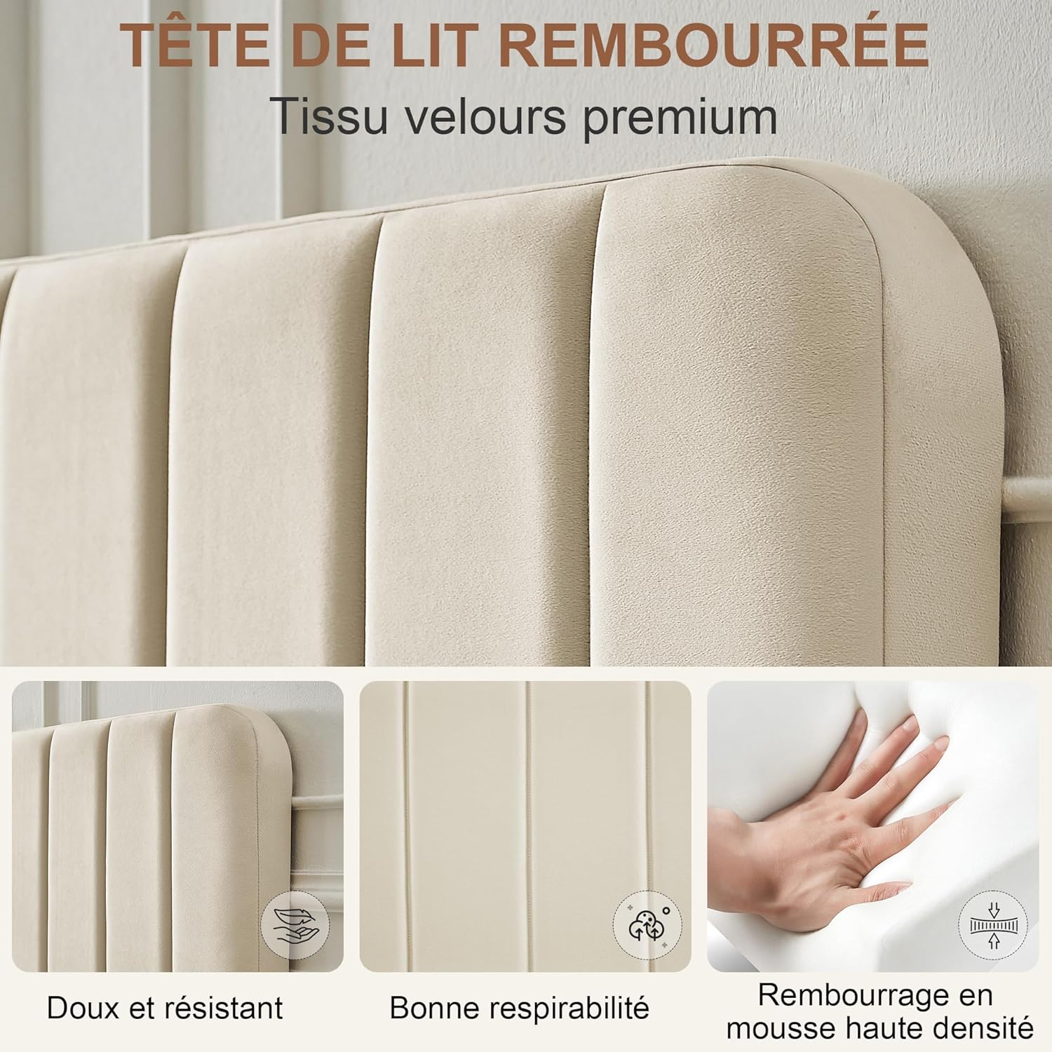 VECELO - lit double rembourré - 140x190 cm - lattes bois, velours, beige