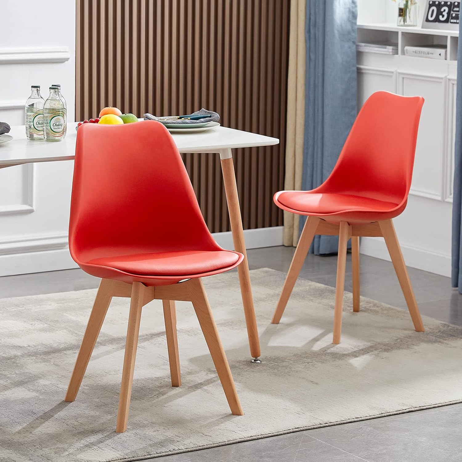 EGGREE - Lot de 4 chaises scandinaves - bois hêtre - assise rouge rembourrée