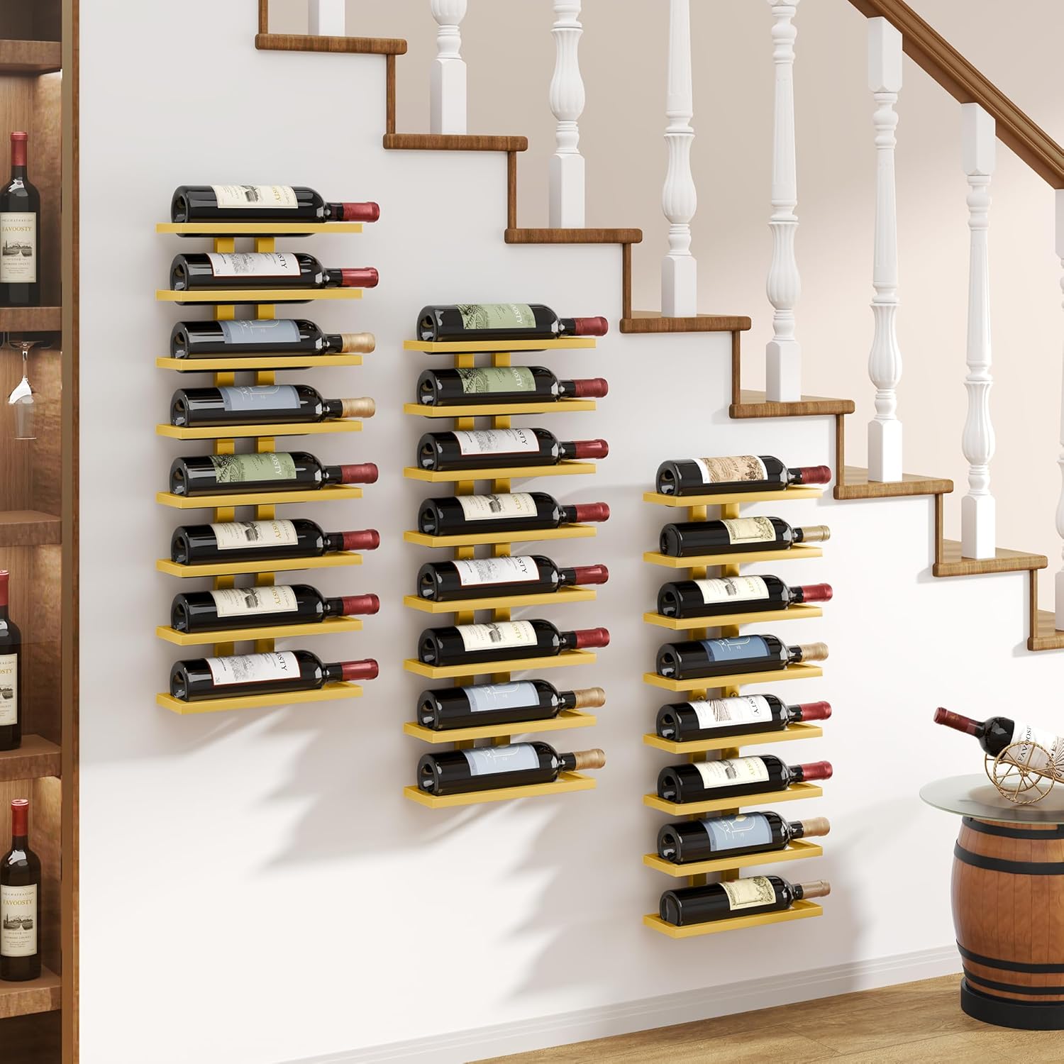FAVOOSTY - Porte-bouteilles mural 8 niveaux métal, doré, 80x20 cm