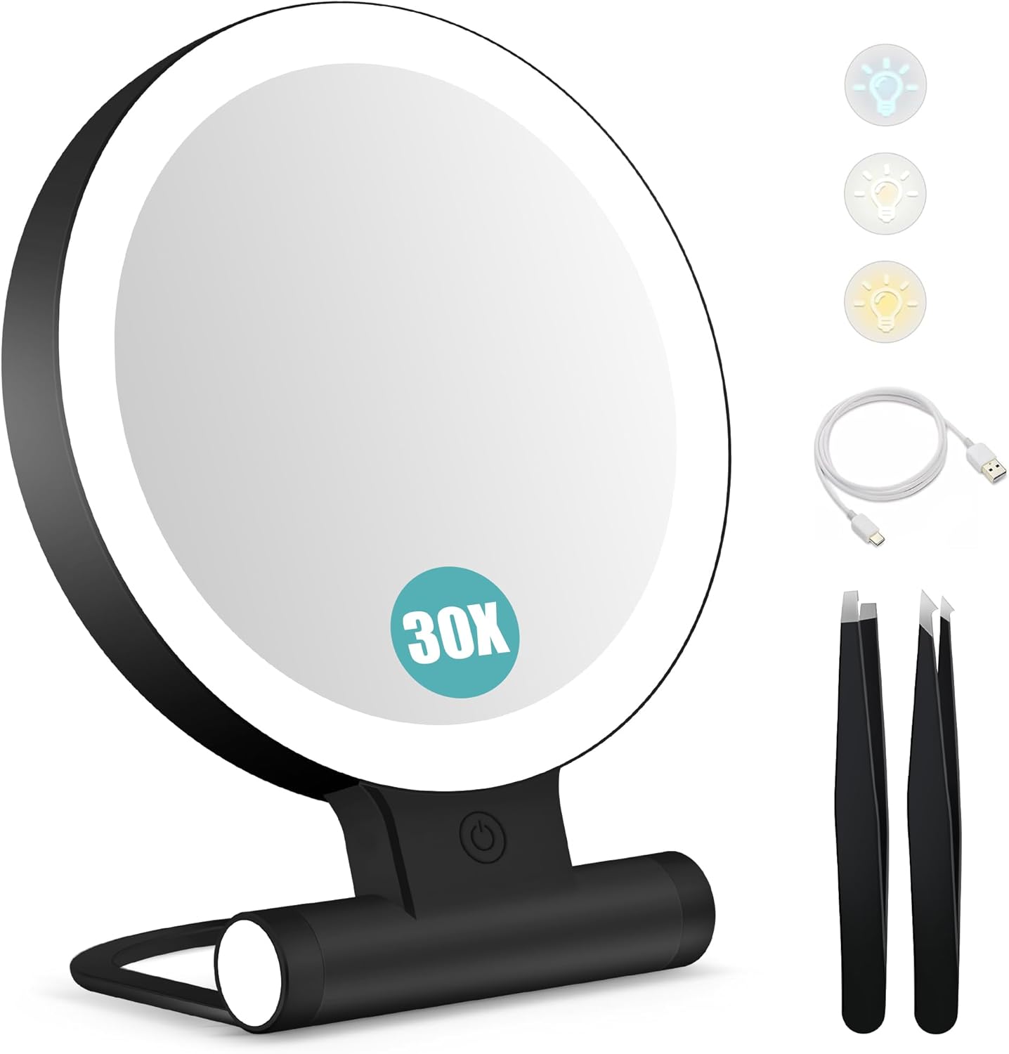 B Beauty Planet - miroir grossissant double face, 1x/30x, 2000mAh, LED, 3 couleurs, pince à épiler, compact