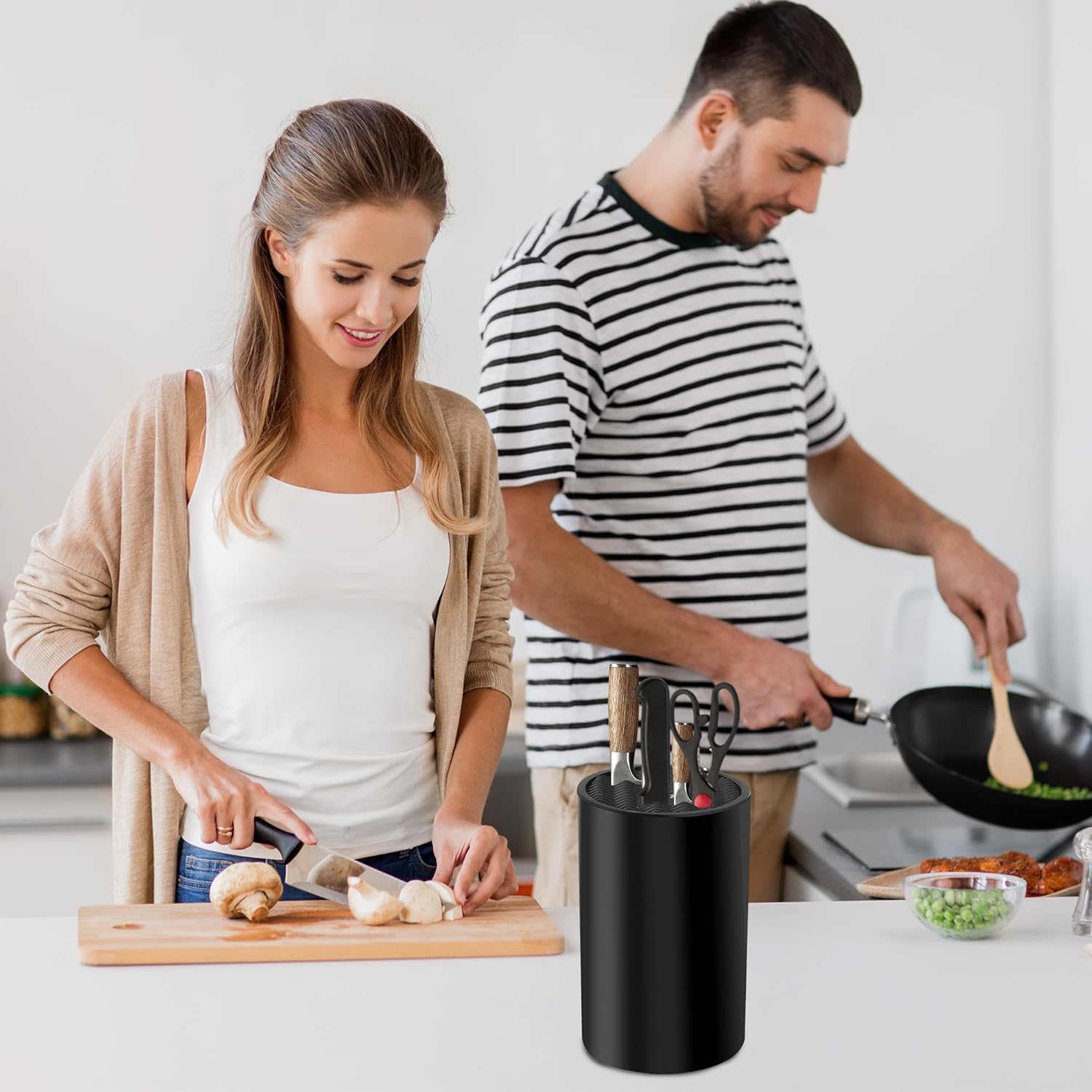 Bloc couteaux cuisine noir - design ondulé, support 20 couteaux - antidérapant, ventilé, rangement boîte