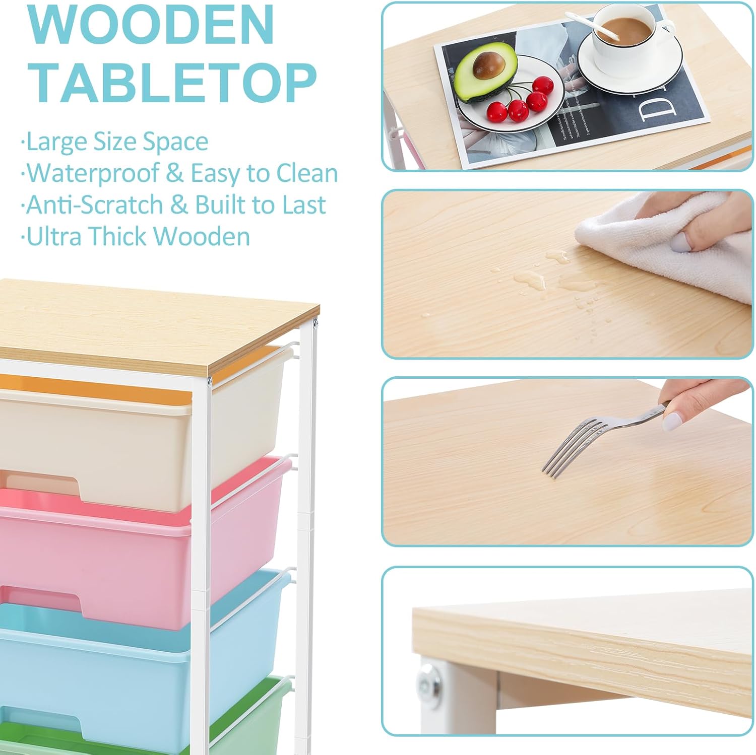 Chariot de rangement - 4 tiroirs, roulettes, plateau bois, grande capacité, multicolore - idéal cuisine/salon/chambre