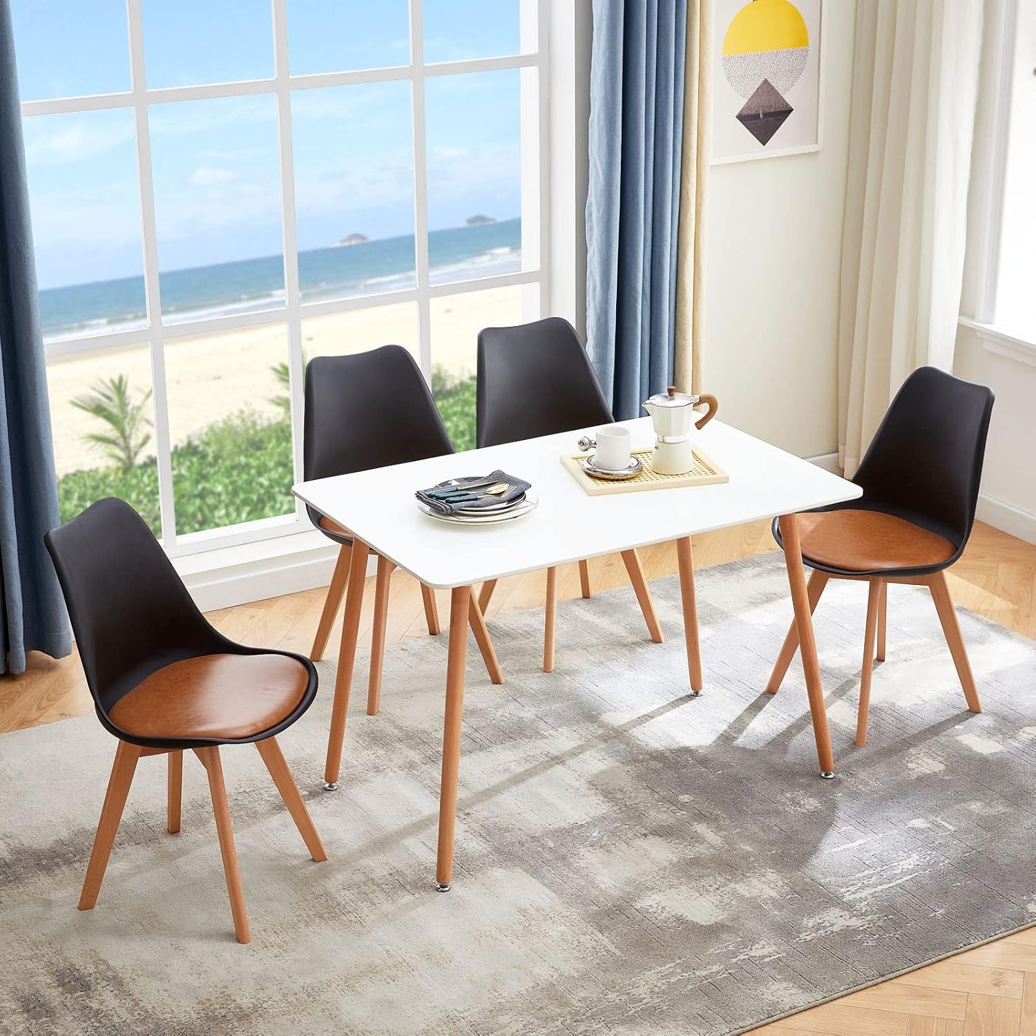 EGGREE - Chaises Scandinaves - assise rembourrée PU, pieds hêtre, lot de 4