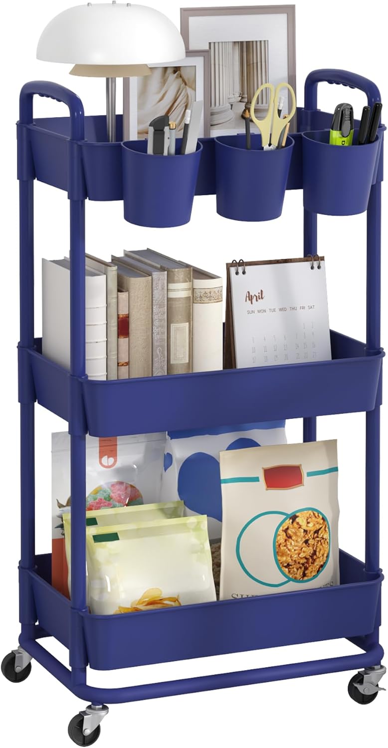 JIUYOTREE - Chariot de rangement 3 niveaux - 43x36x87 cm - roulettes verrouillables, poignées, gobelets suspendus, Bleu