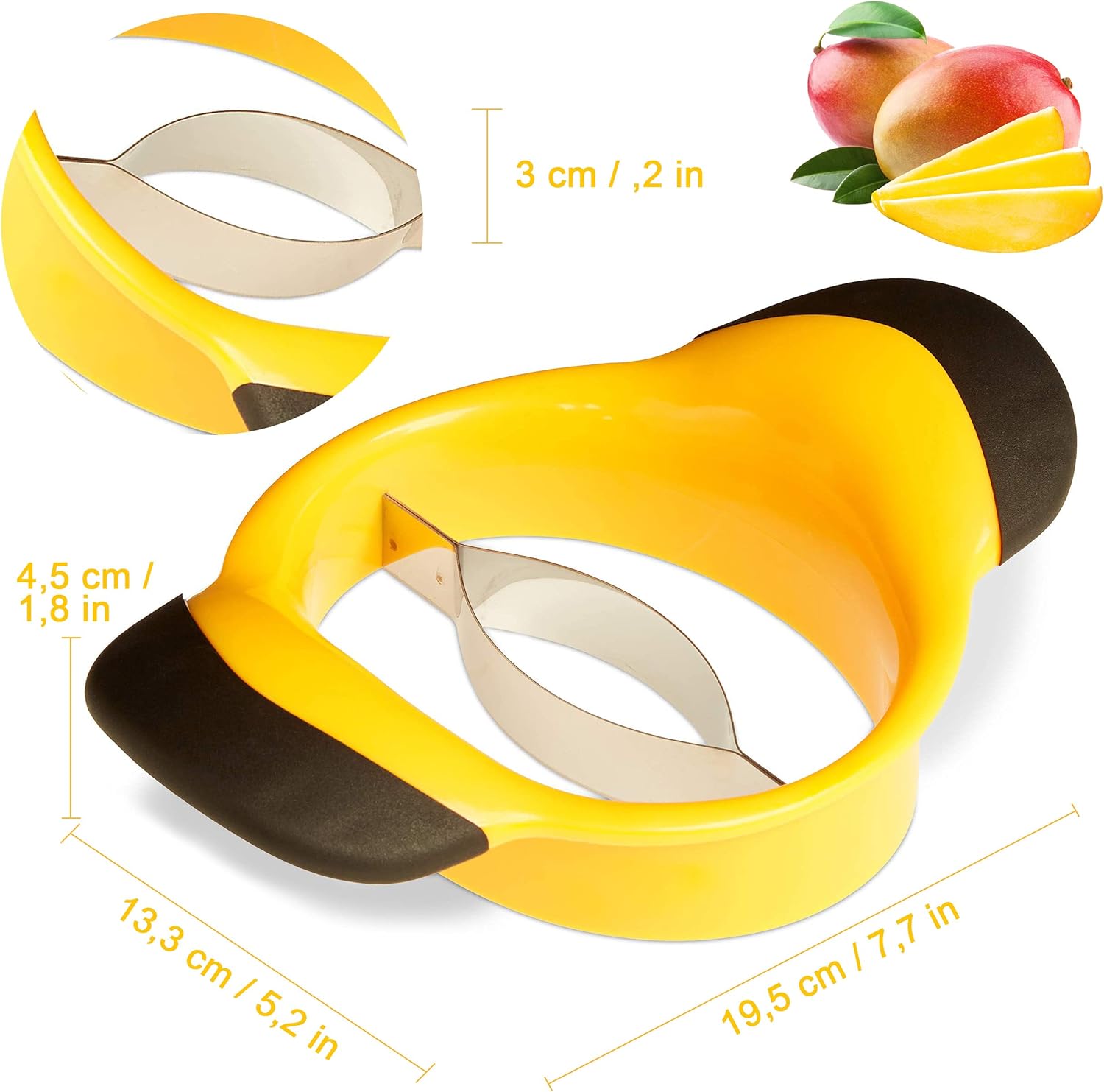 Trancheuse à mangue - acier inoxydable - jaune - coupe et carotte mangues