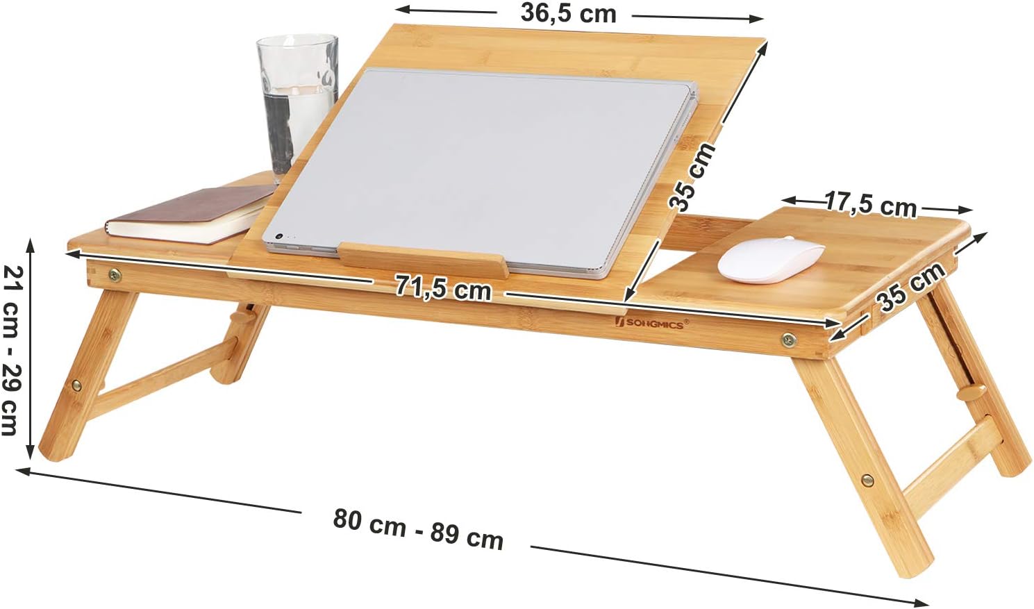 SONGMICS - Table de lit pliable bambou - 72x21-29x35 cm - plateau ajustable, tiroir, trous aération LLD004