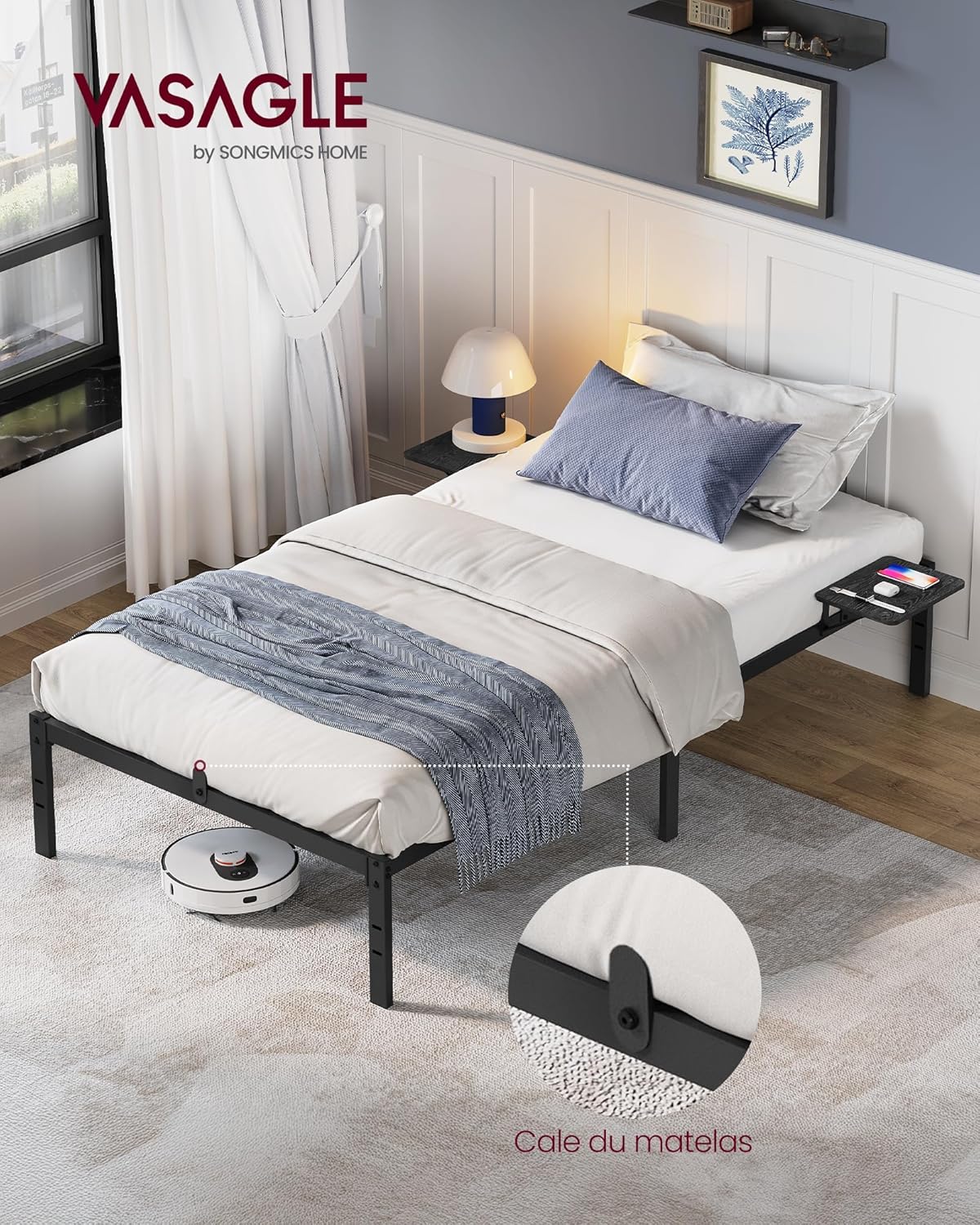 VASAGLE - cadre de lit simple - 90x190 cm - métal noir, étagères, montage facile - RMB091B01V1