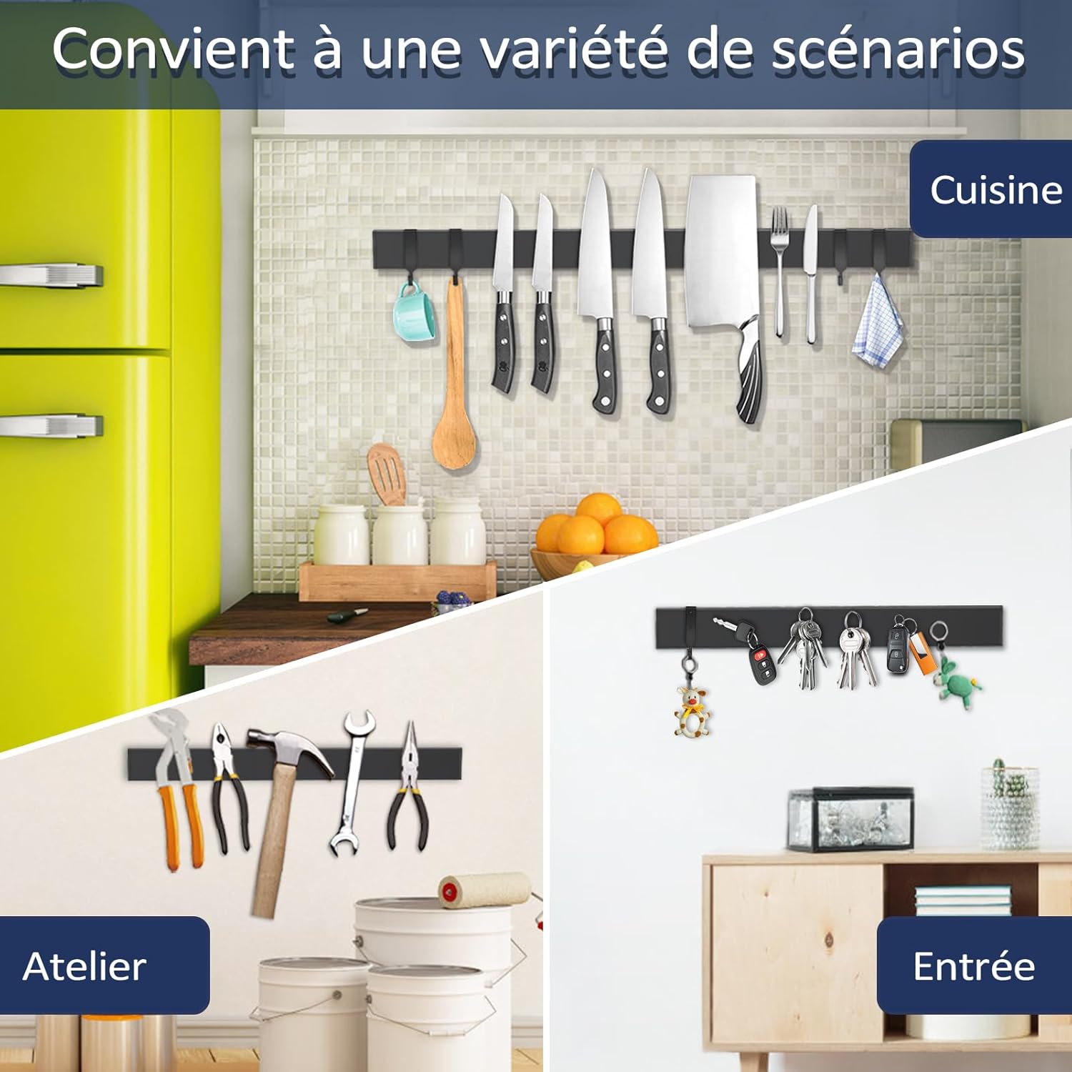 Dmore - barre magnétique 59 cm, 4 crochets, fixation adhésive