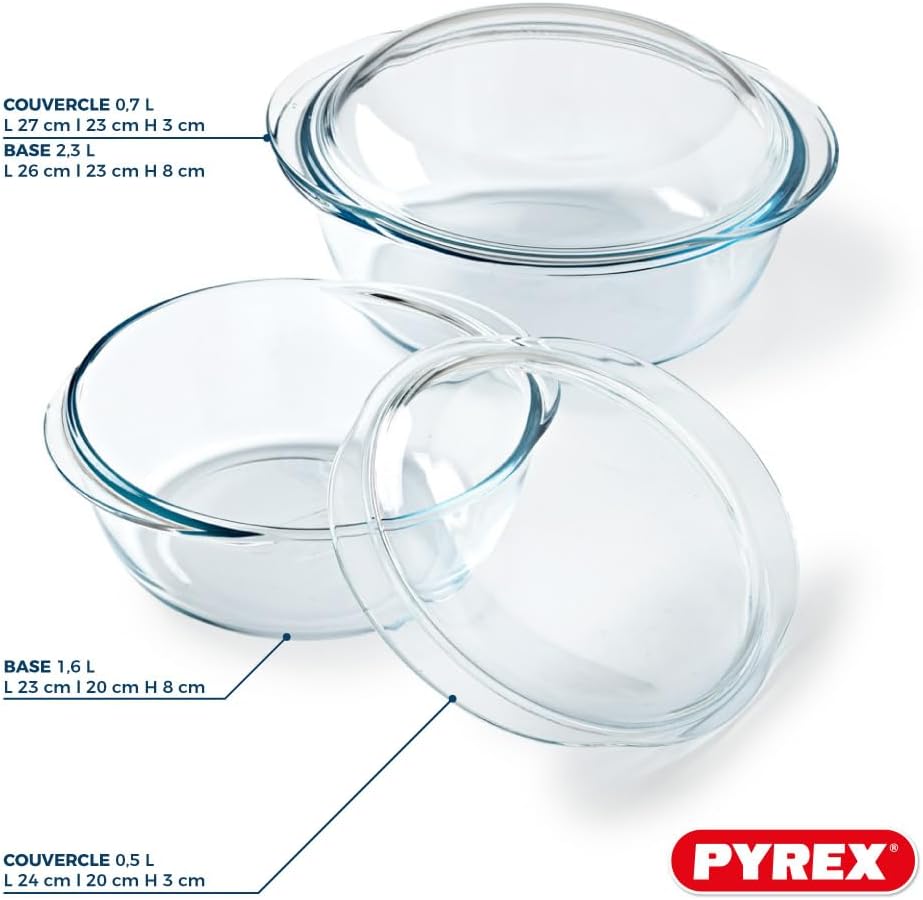 Pyrex - 4 In 1 Cocottes - 1.6L & 2.3L - Verre borosilicate, cuisson vapeur