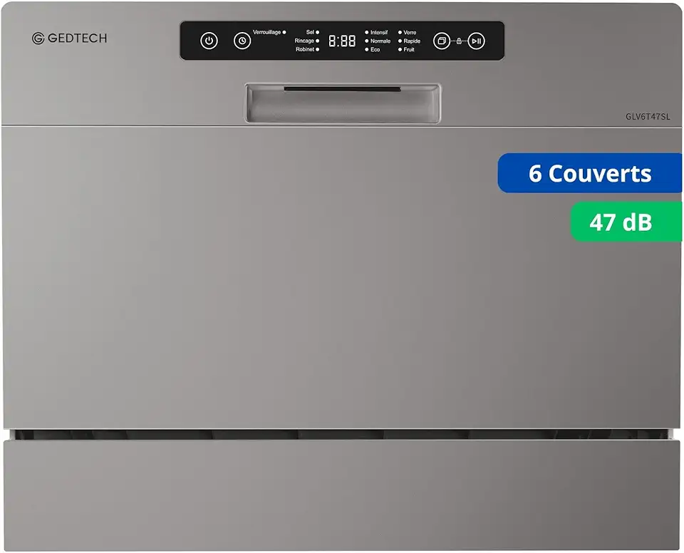 GEDTECH - Lave-vaisselle compact 6 couverts, 47 dB, départ différé, GLV6T47SL