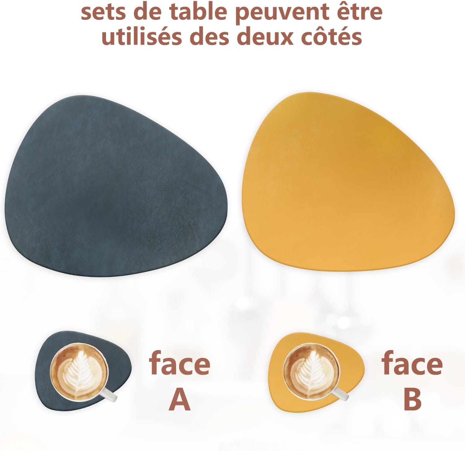 Sets de table - lot de 4, cuir PU, lavables, antidérapants, 41x33cm, bleu/jaune, ovale
