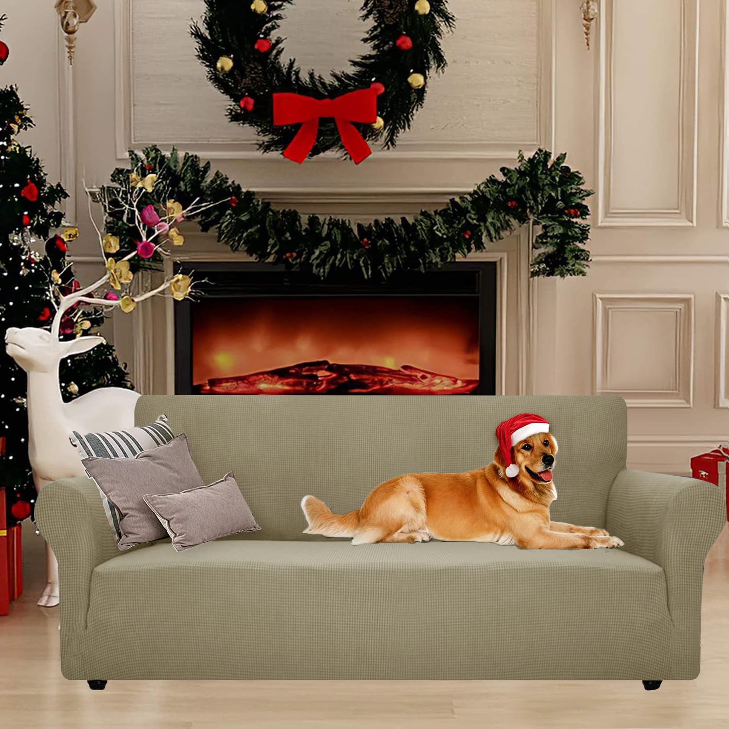 Housse canapé 4 places - extensible, anti-glisse, lavable, khaki