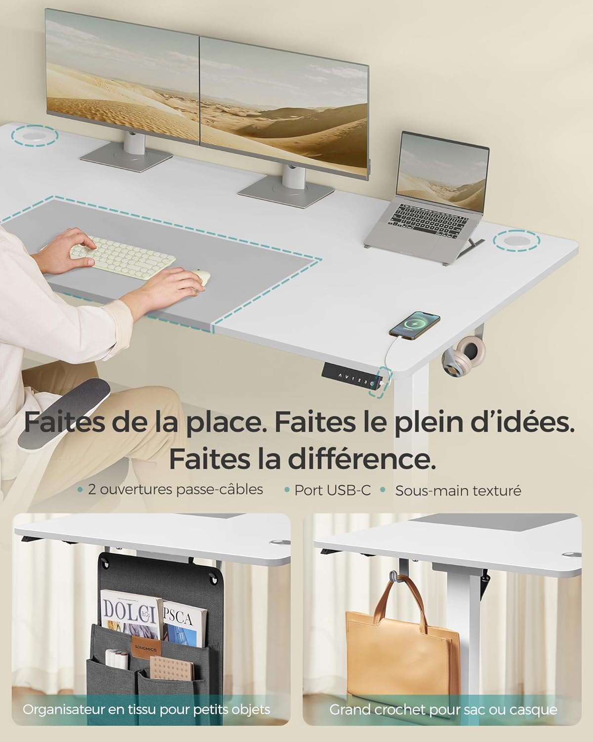 SONGMICS - Bureau électrique série assis-debout - 180x80 cm - Réglable, mémoire 4 hauteurs, USB-C, blanc/gris - LSD028WZ