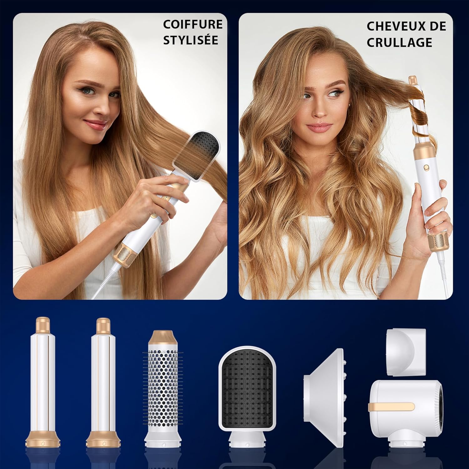 Golden Goods - Airstyler 7-en-1 - 7 accessoires - sèche, lisse, boucle, White/Gold