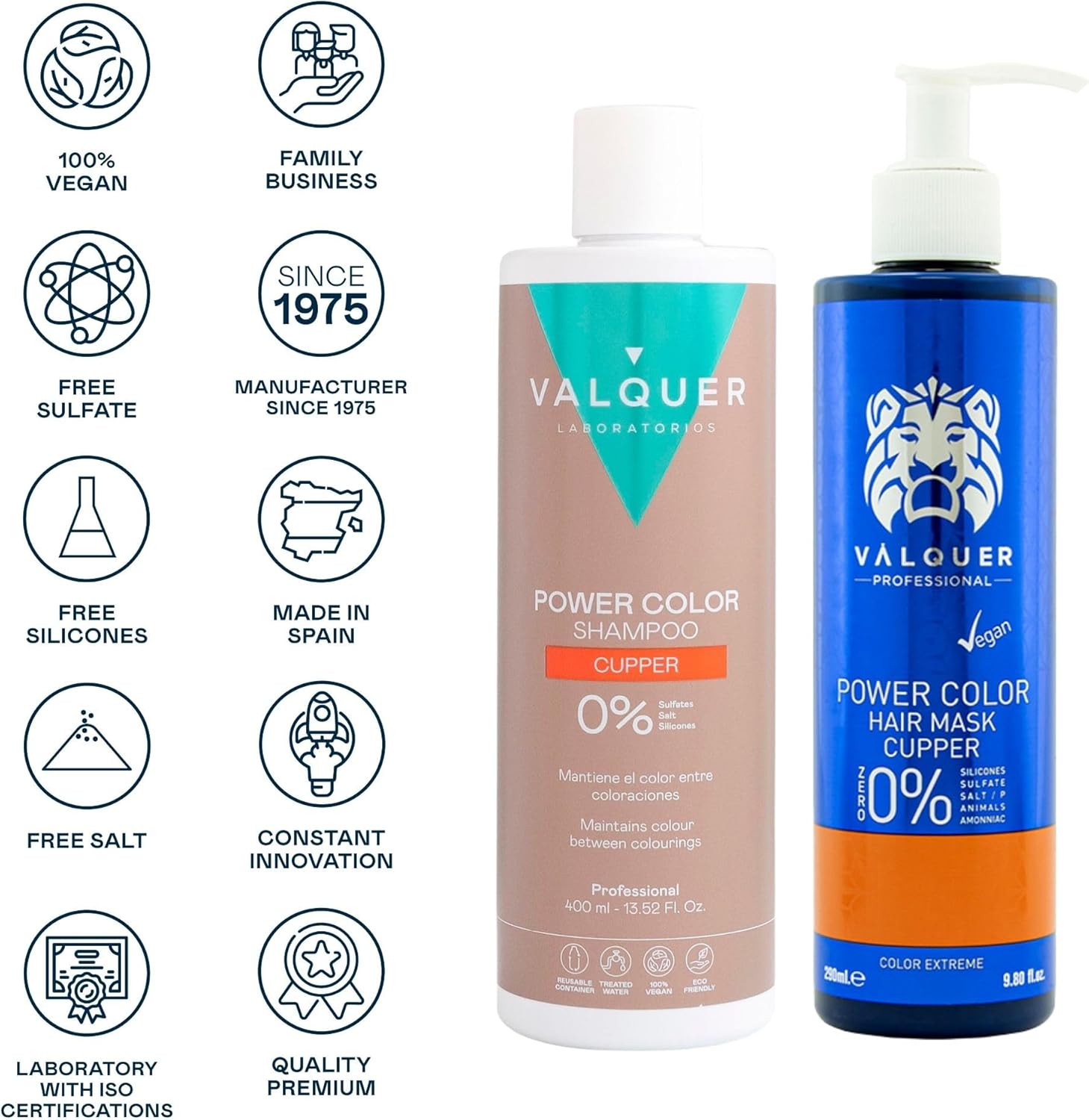 Valquer - Pack Power Color - 400 ml + 275 ml - shampooing et masque cheveux cuivrés