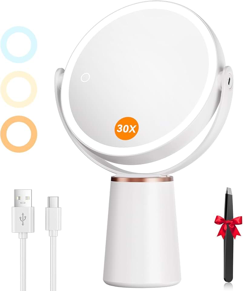 Auxmir - miroir lumineux double face - 30X/10X - 64 LED, 3 couleurs, 2000mAh, rotation 360°