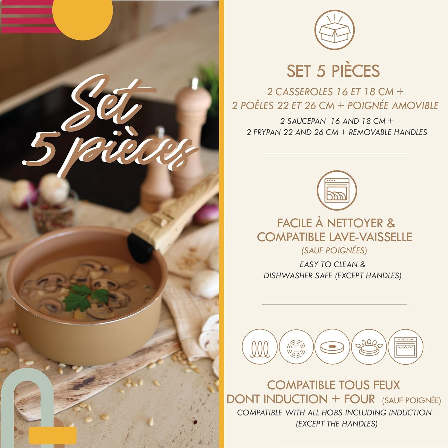 MENASTYL - Colorama - 2 poêles, 2 casseroles, poignée - céramique, induction, sans PFAS