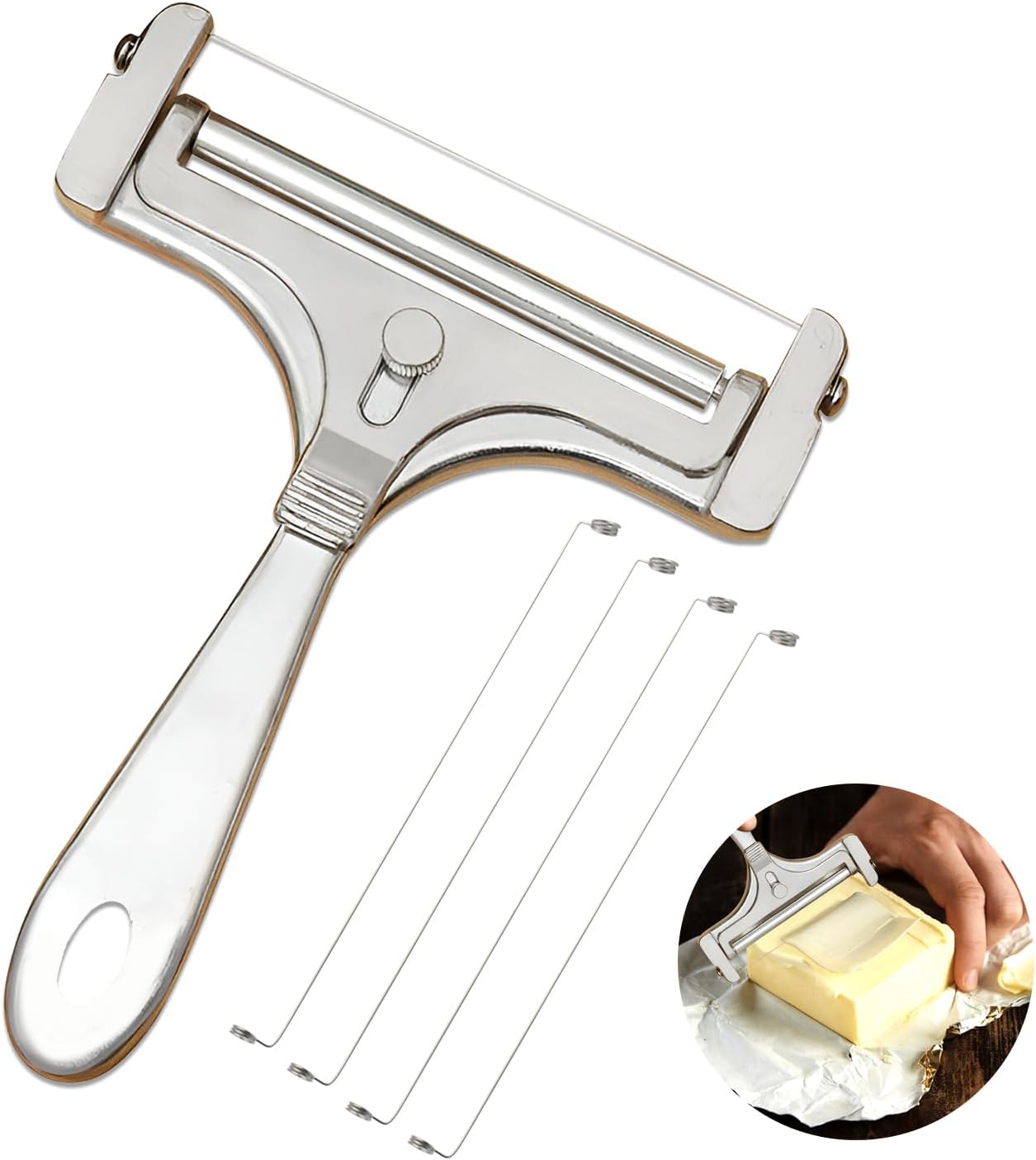 Trancheur à fromage manuel – inox réglable – 4 fils de rechange – épaisseur ajustable