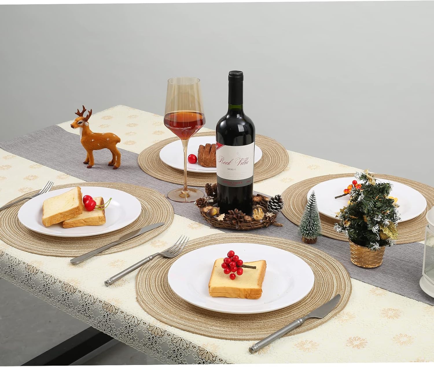 Sets de table ronds - PP tressé, 36cm - lot de 6, lavables, couleur café