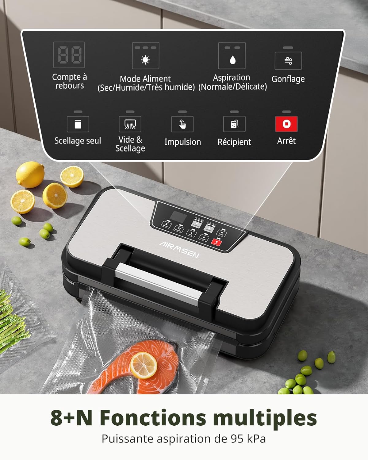 AIRMSEN - machine sous vide double scellage 30 cm, modes sec/humide, coupe-sac intégré, 95kPa