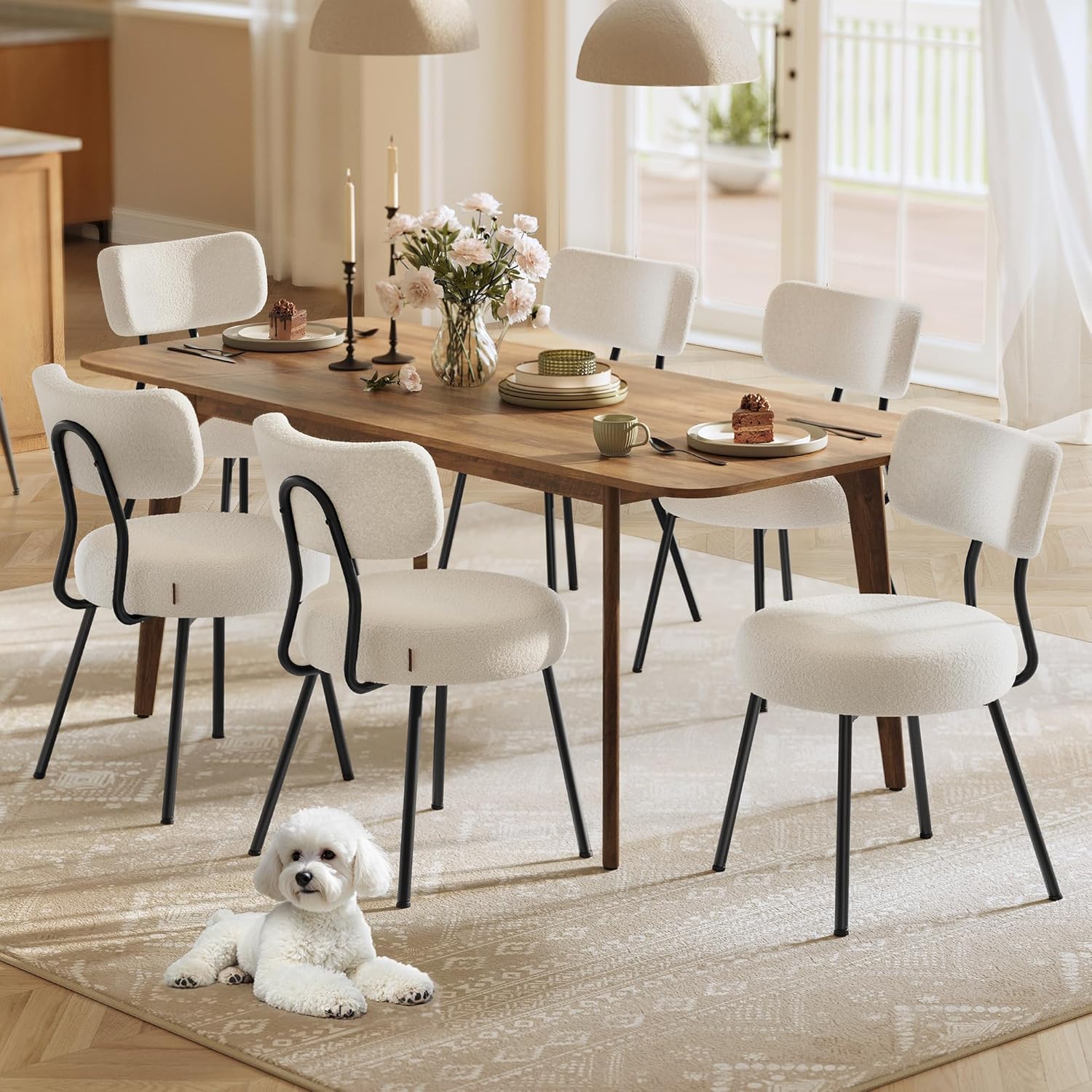 VASAGLE - chaises salle à manger lot de 6, tissu peluche, dossier courbé, cadre acier, blanc crème KDC110W16