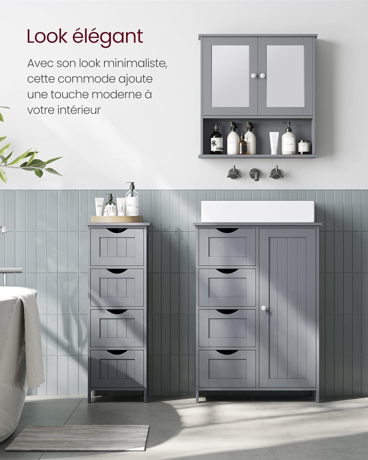 VASAGLE - armoire salle de bain, 4 tiroirs, 30x30x82 cm, gris moderne, LHC040P36