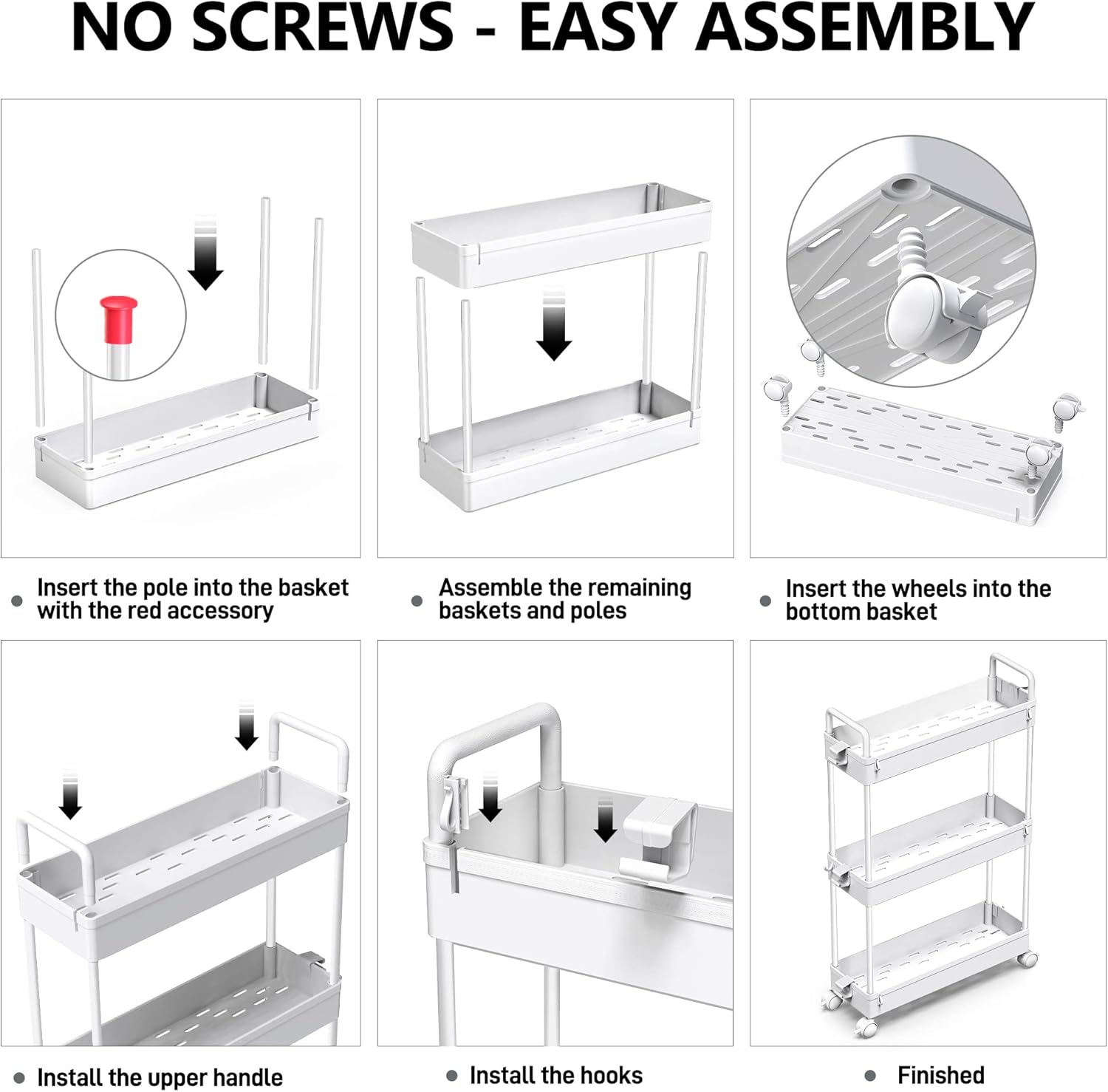 SOLEJAZZ - chariot 3 étagères, plastique, blanc, rangement étroit