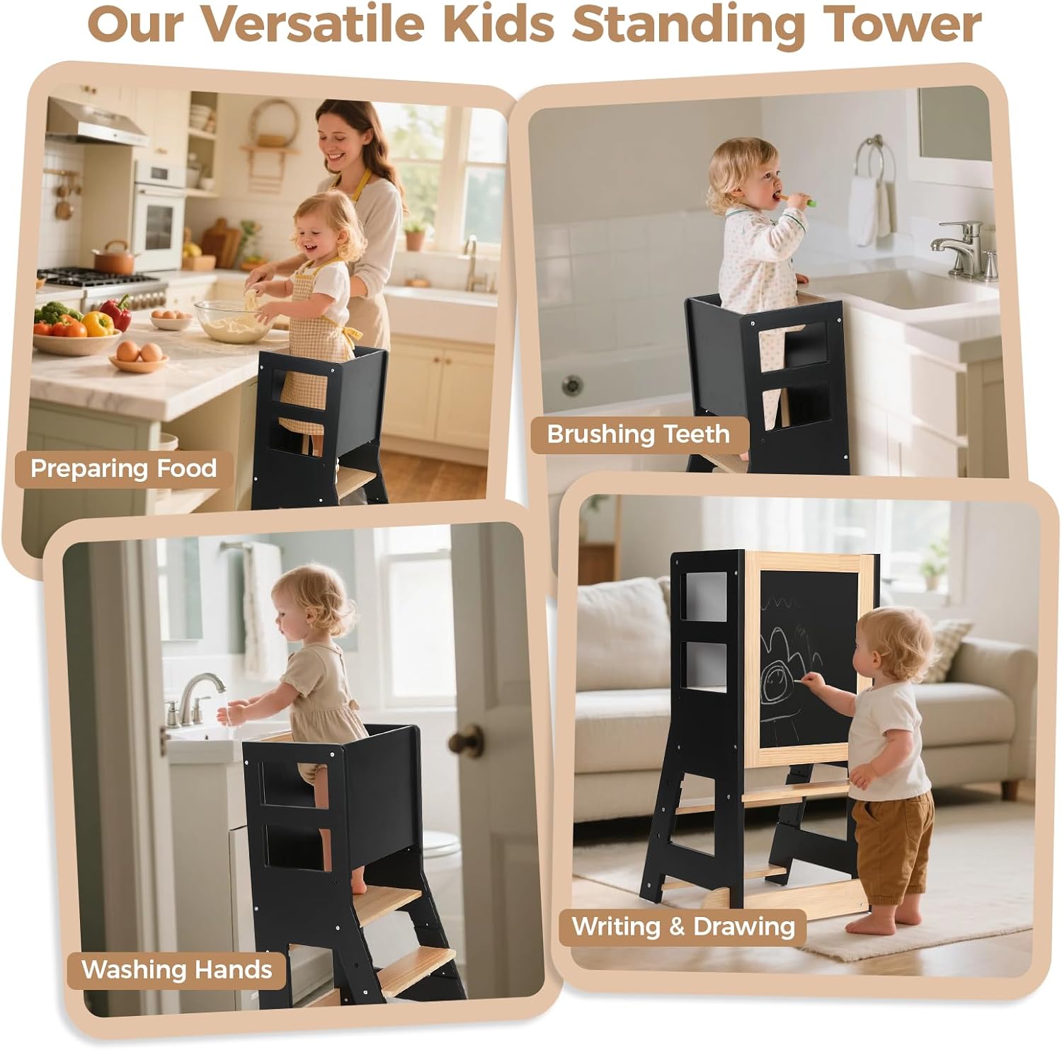 KIDINIX - Tour d'apprentissage réglable, bois/noir, anti-basculement, tableau