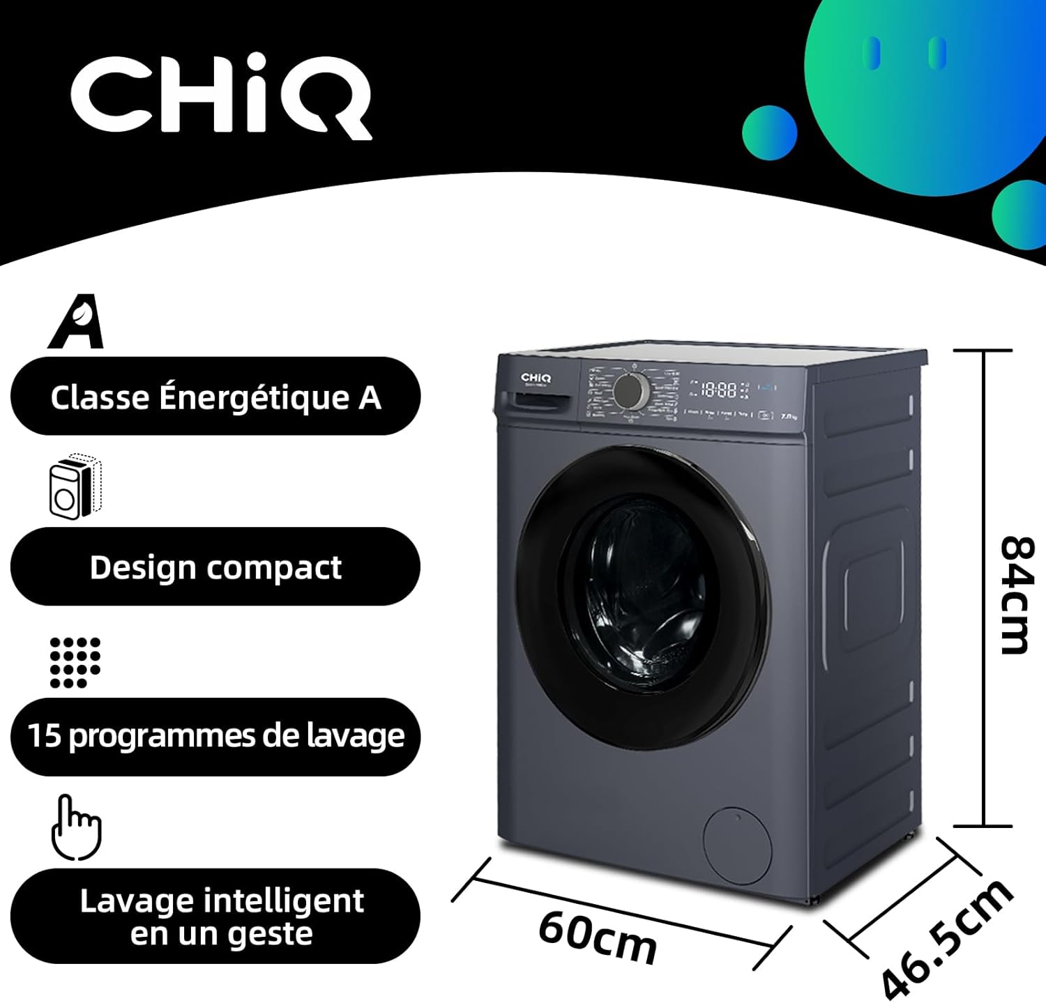 CHiQ - lave-linge compact, 7kg, 1200RPM, vapeur, classe A, 60x46.5x84cm - CW07123863AX