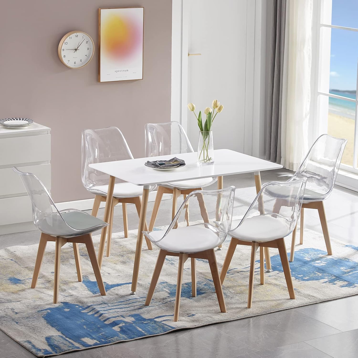 EGGREE - chaises scandinaves lot 8 - bois hêtre - coussin cuir blanc, dossier transparent, testées SGS