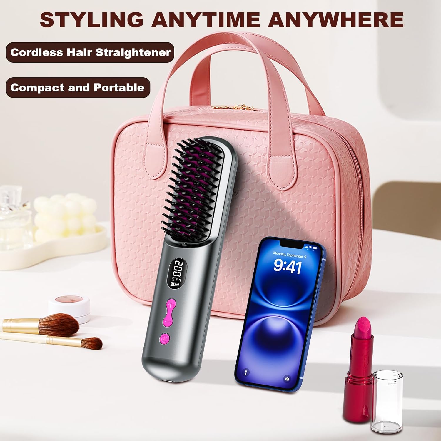 Brosse lissante portable USB, 9600mAh, ion négatif, chauffante, gris