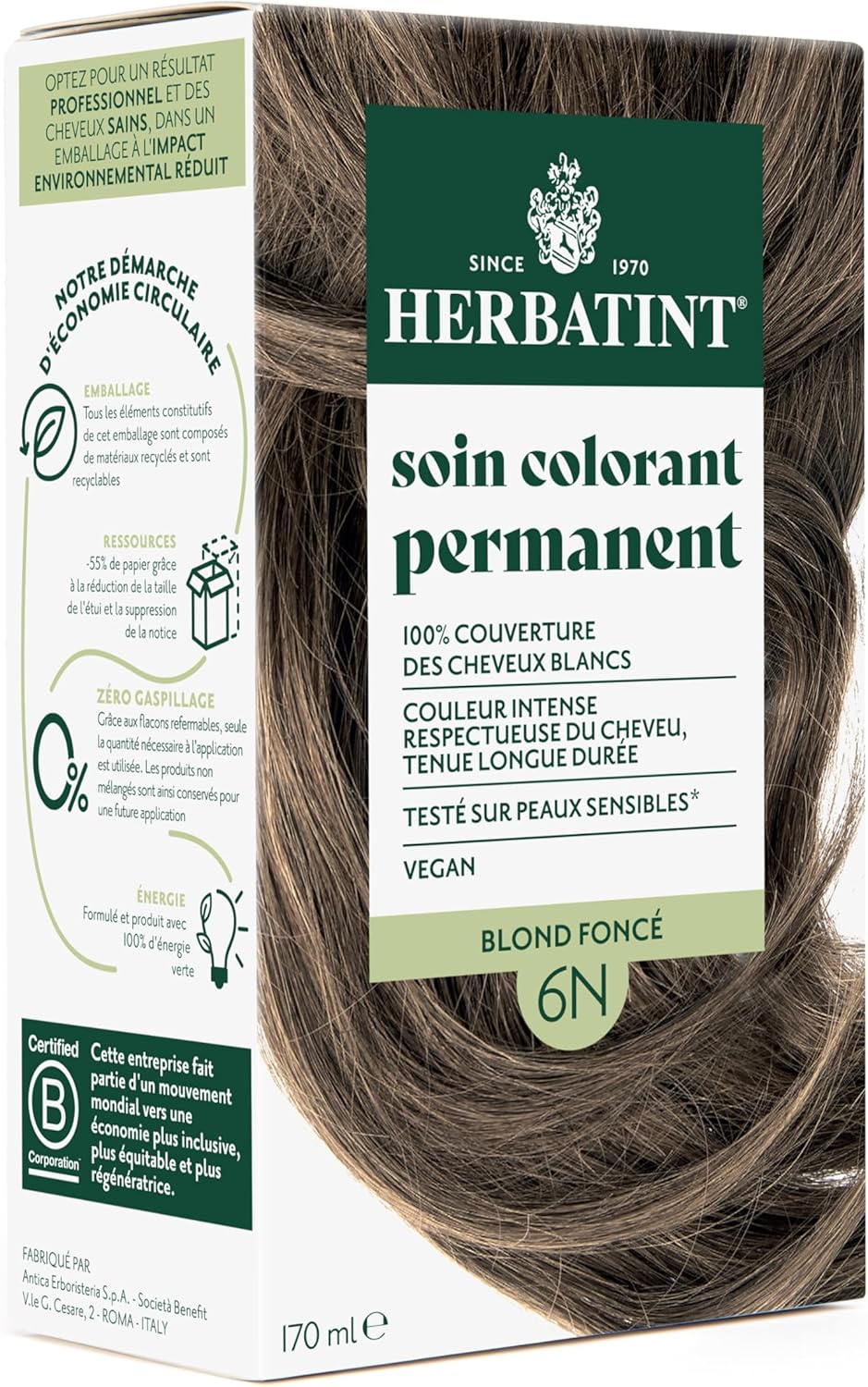 Herbatint - Coloration Cheveux 6N, 170ml, sans ammoniaque, 100% couvrant