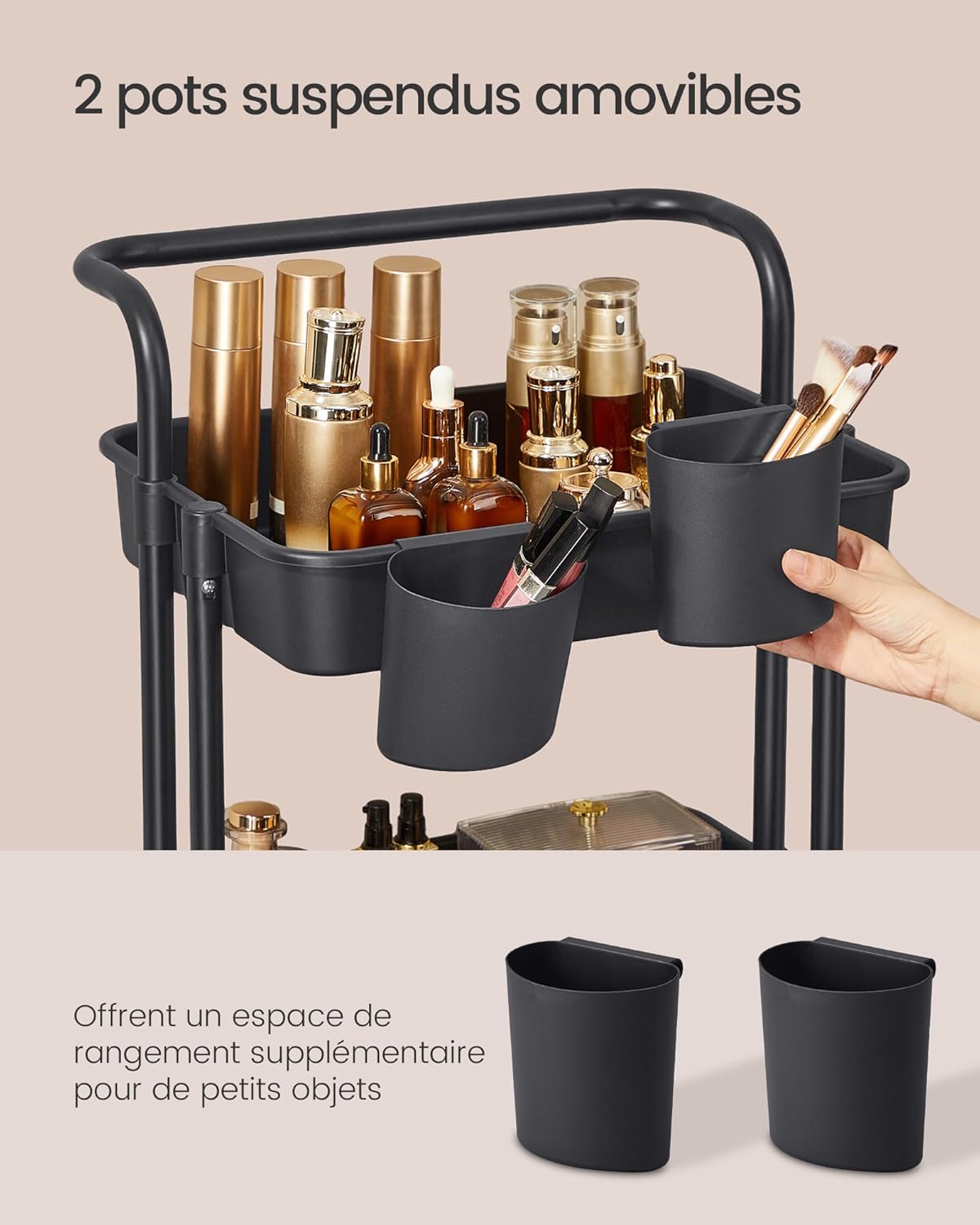 SONGMICS - Chariot roulant 3 niveaux acier/plastique, poignée, organisateurs, noir - BSC067B01